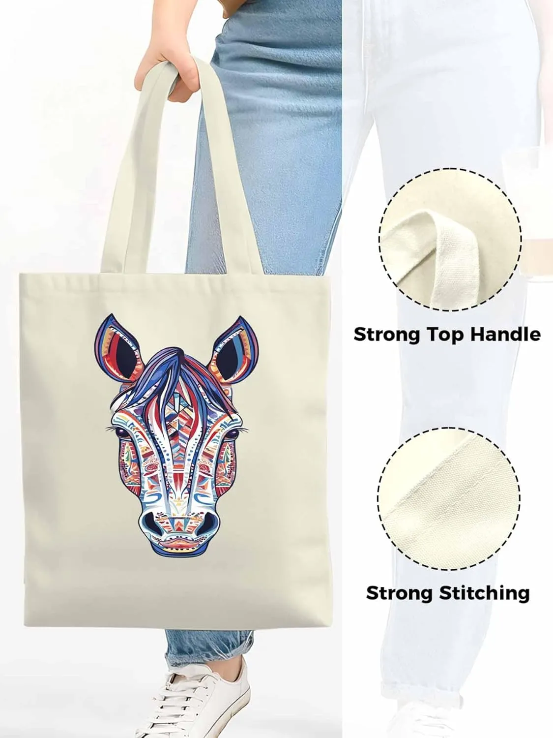 Canvas Tote Bag, Boho Purple Blue Horse patterned Canvas Tote Handbags for Women Shoulder Bag,
