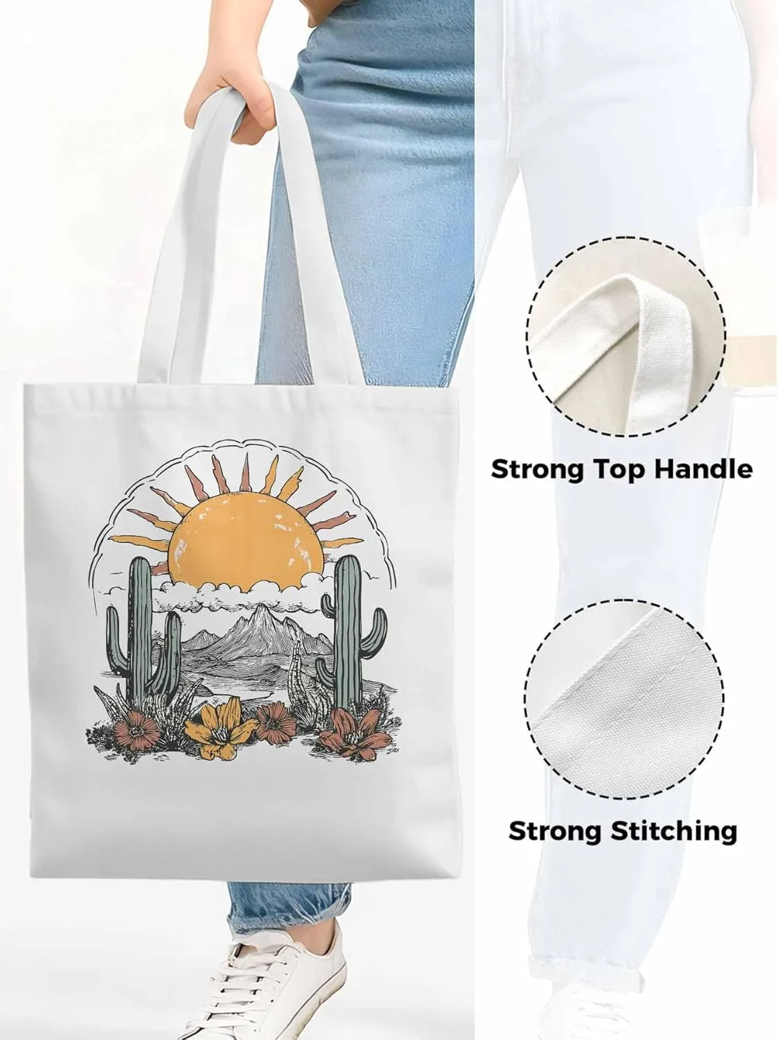 Canvas Tote Bag, Boho Sun Desert Cactus Flowers Mountain patterned Canvas Tote Handbags for Women Shoulder Bag,