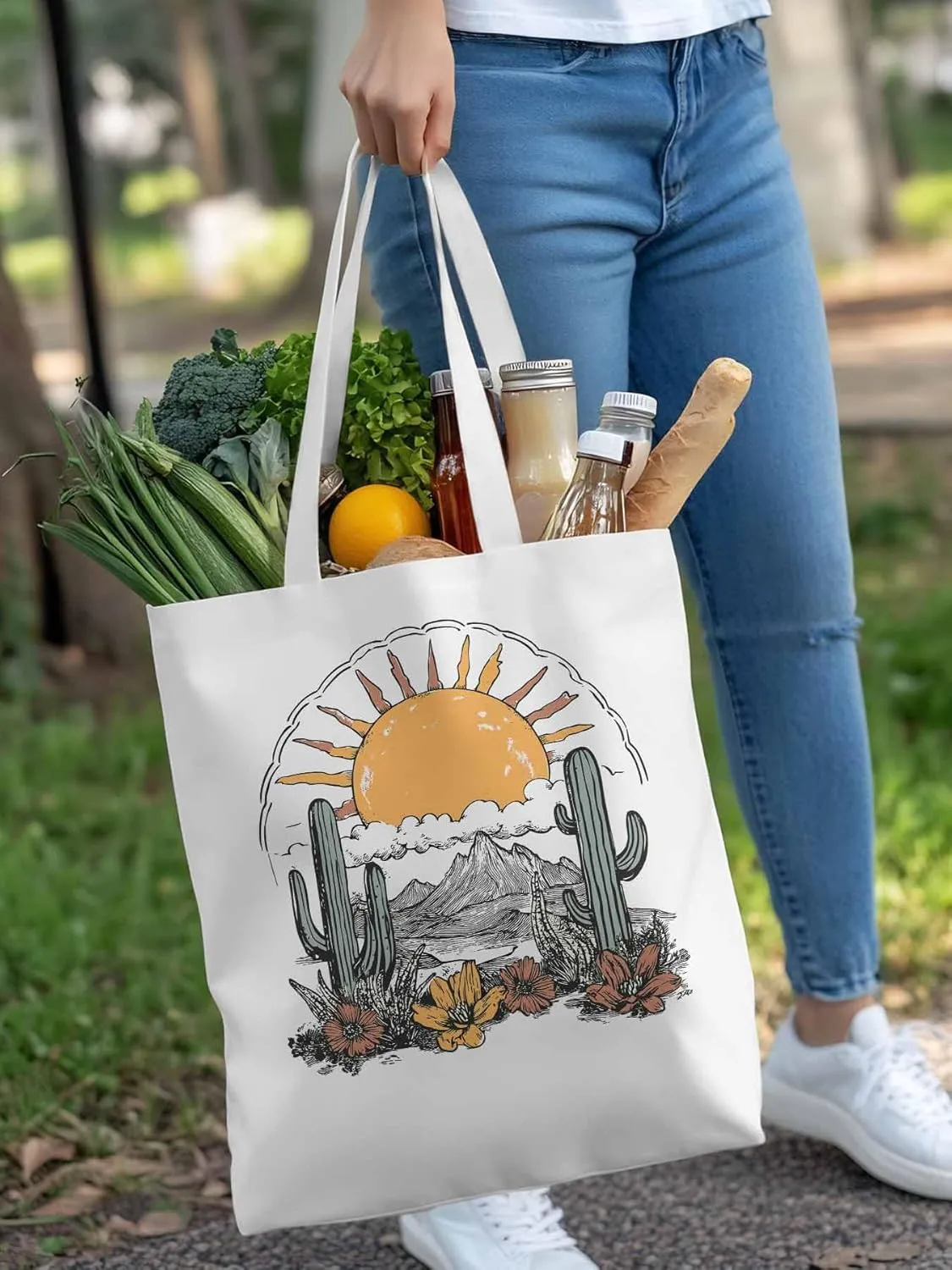 Canvas Tote Bag, Boho Sun Desert Cactus Flowers Mountain patterned Canvas Tote Handbags for Women Shoulder Bag,