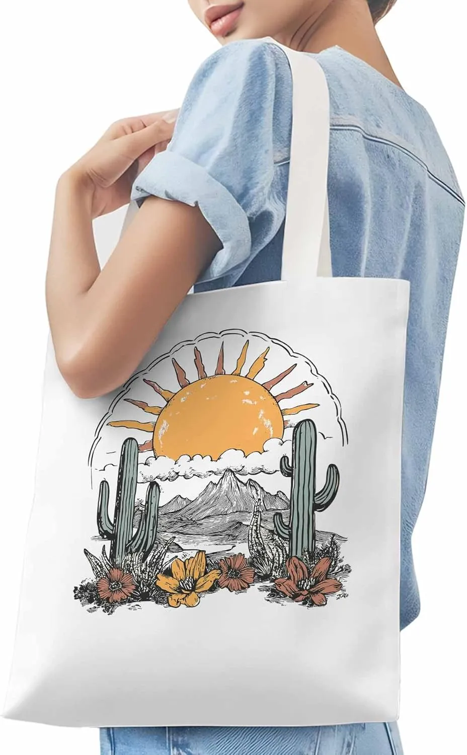 Canvas Tote Bag, Boho Sun Desert Cactus Flowers Mountain patterned Canvas Tote Handbags for Women Shoulder Bag,