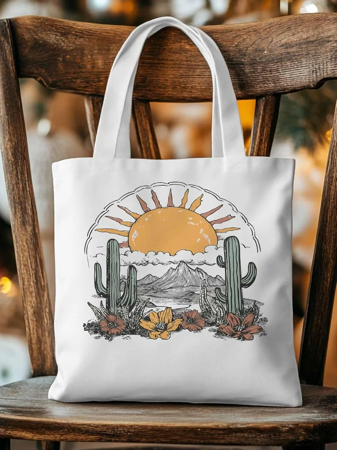 Canvas Tote Bag, Boho Sun Desert Cactus Flowers Mountain patterned Canvas Tote Handbags for Women Shoulder Bag,