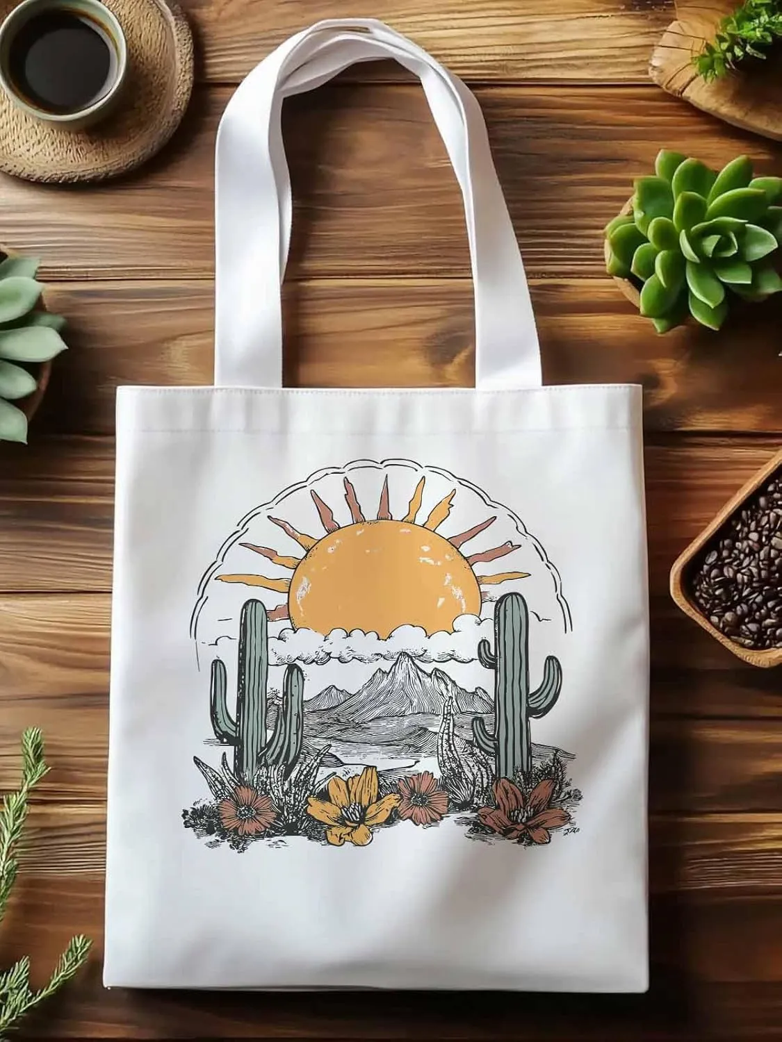 Canvas Tote Bag, Boho Sun Desert Cactus Flowers Mountain patterned Canvas Tote Handbags for Women Shoulder Bag,