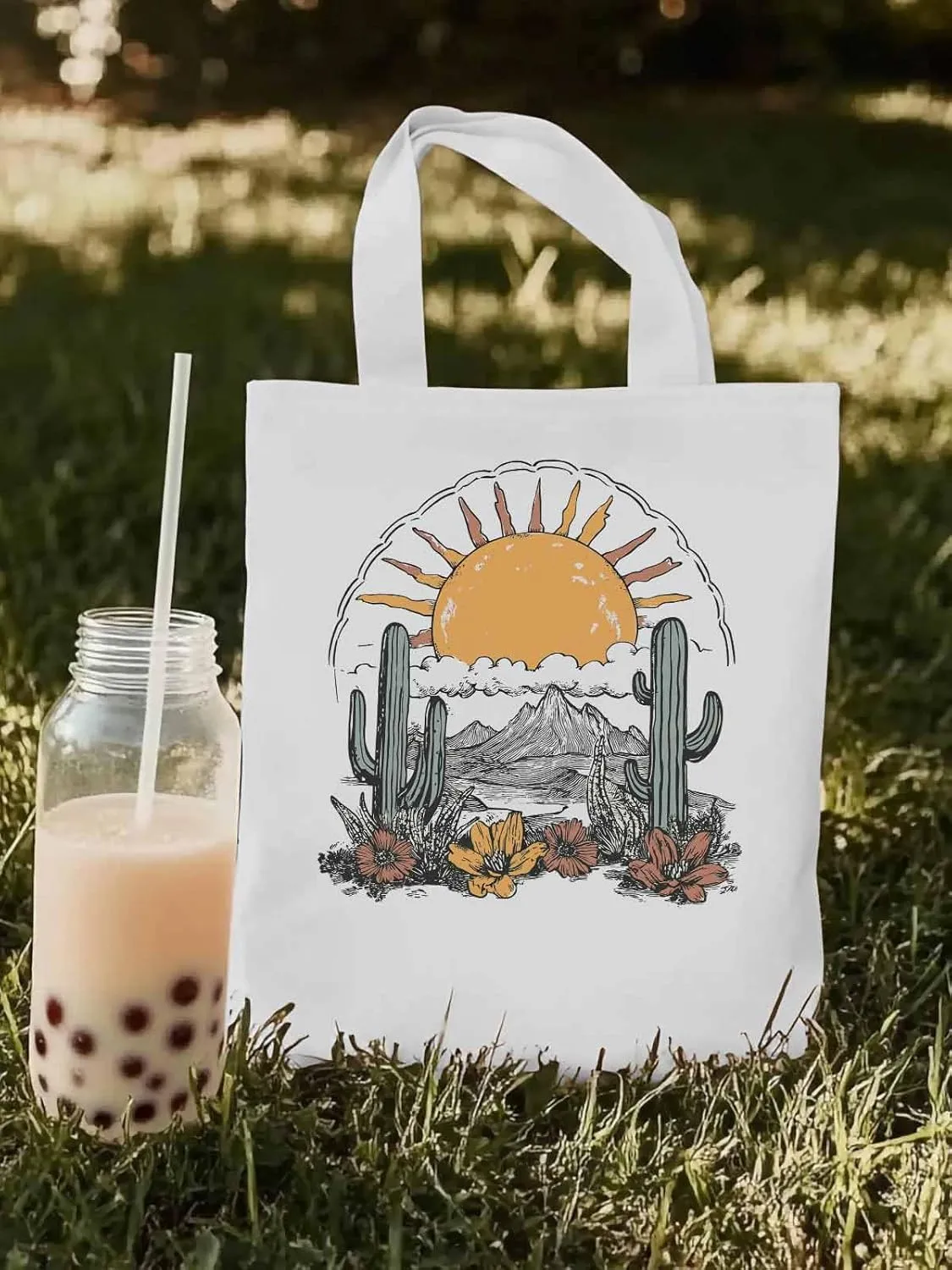 Canvas Tote Bag, Boho Sun Desert Cactus Flowers Mountain patterned Canvas Tote Handbags for Women Shoulder Bag,
