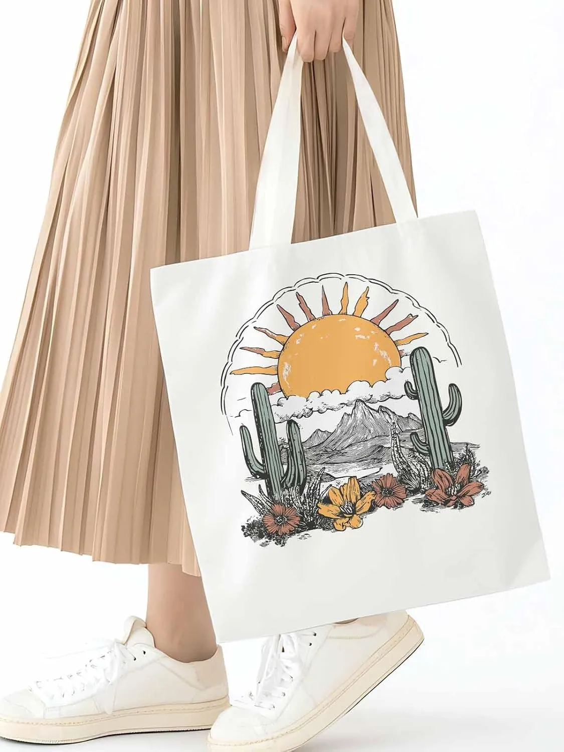 Canvas Tote Bag, Boho Sun Desert Cactus Flowers Mountain patterned Canvas Tote Handbags for Women Shoulder Bag,