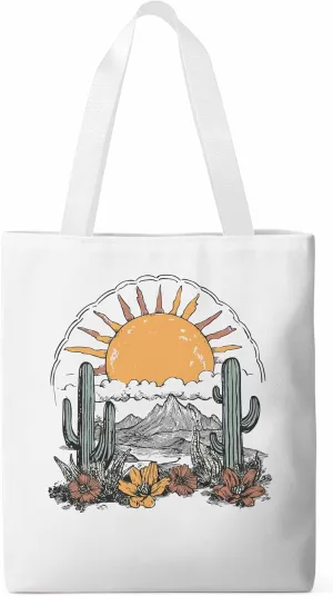 Canvas Tote Bag, Boho Sun Desert Cactus Flowers Mountain patterned Canvas Tote Handbags for Women Shoulder Bag,