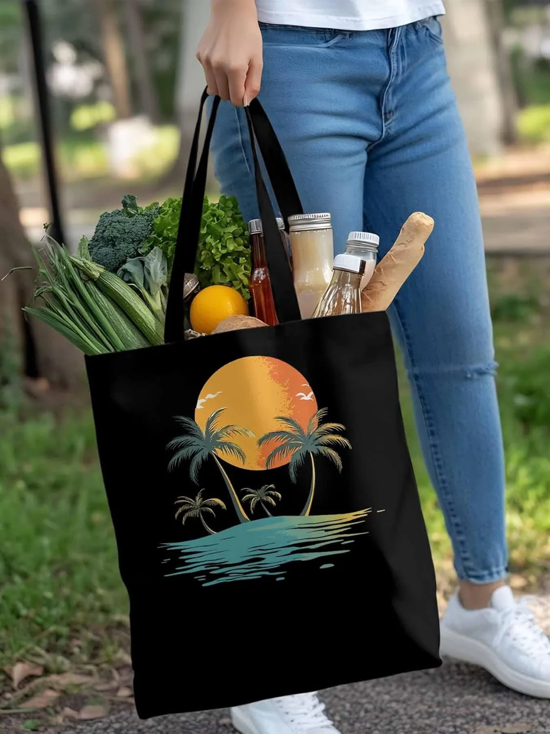 Canvas Tote Bag, Ocean Coconut Tree Orange Sun Beach patterned Canvas Tote Handbags for Women Shoulder Bag,
