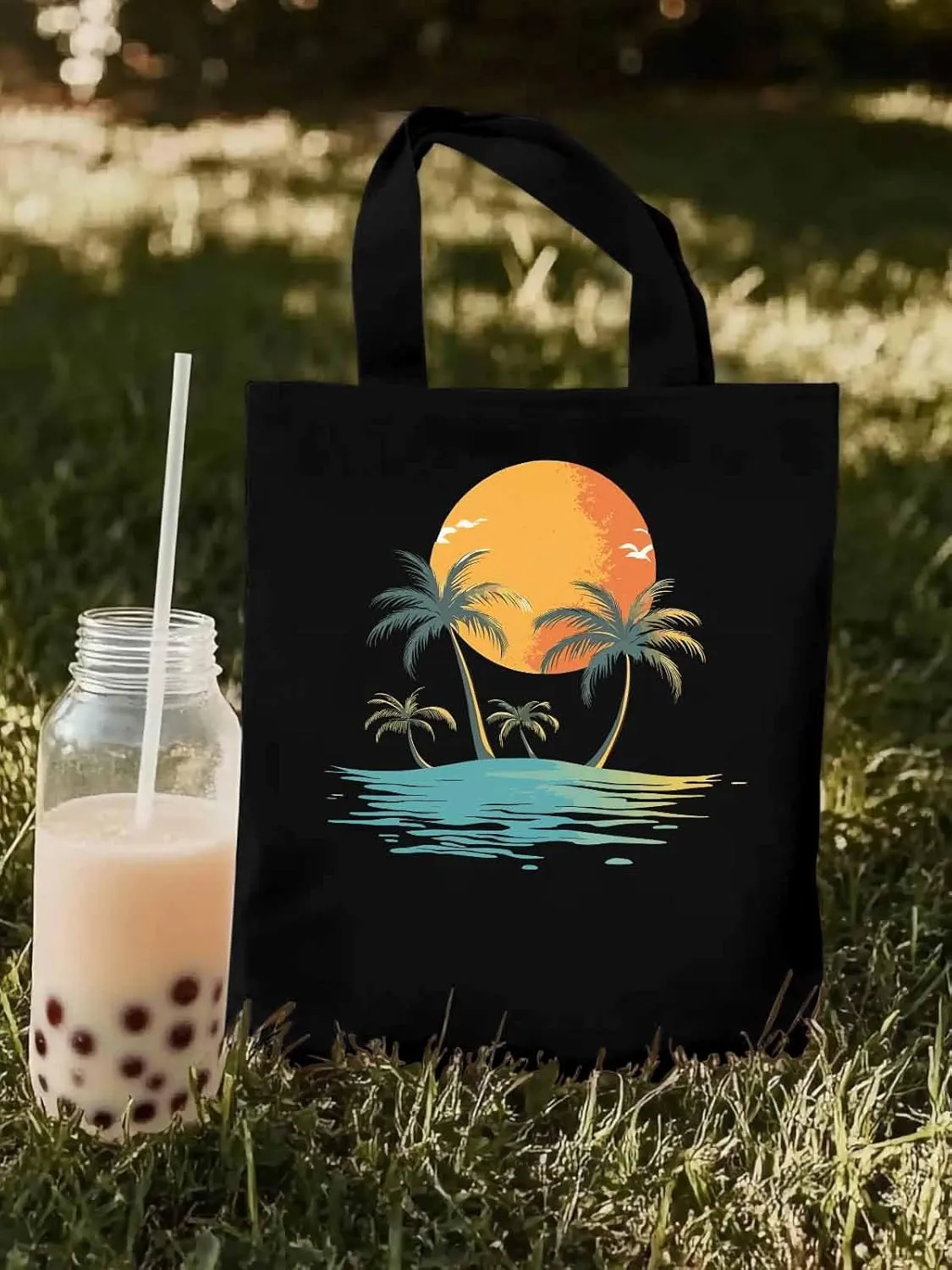 Canvas Tote Bag, Ocean Coconut Tree Orange Sun Beach patterned Canvas Tote Handbags for Women Shoulder Bag,