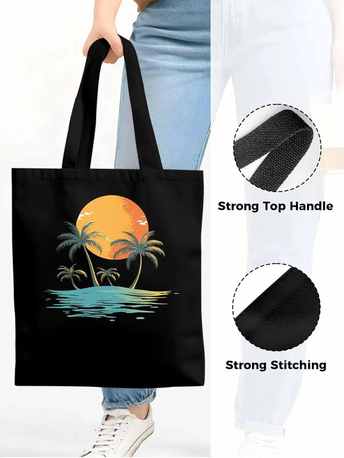 Canvas Tote Bag, Ocean Coconut Tree Orange Sun Beach patterned Canvas Tote Handbags for Women Shoulder Bag,