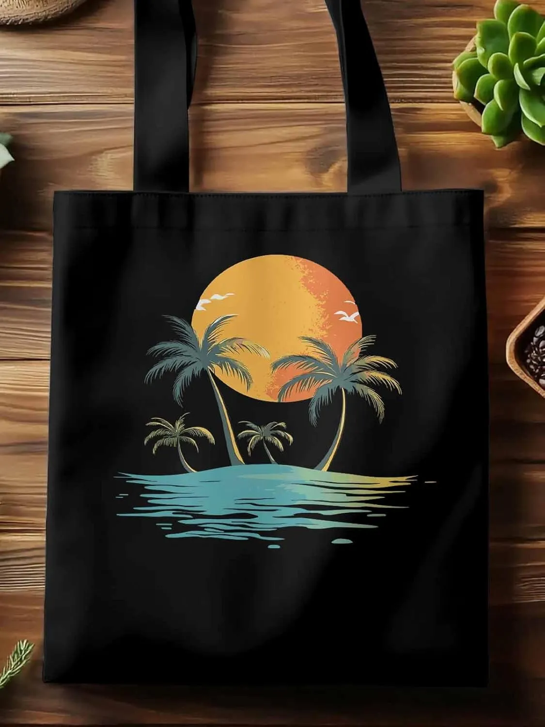 Canvas Tote Bag, Ocean Coconut Tree Orange Sun Beach patterned Canvas Tote Handbags for Women Shoulder Bag,