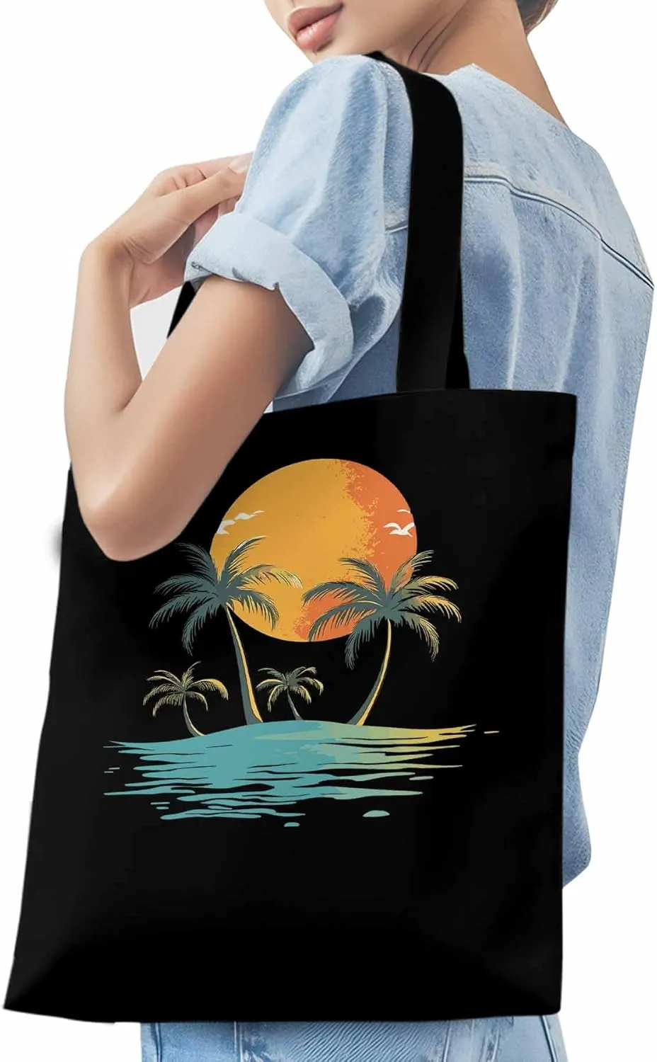 Canvas Tote Bag, Ocean Coconut Tree Orange Sun Beach patterned Canvas Tote Handbags for Women Shoulder Bag,