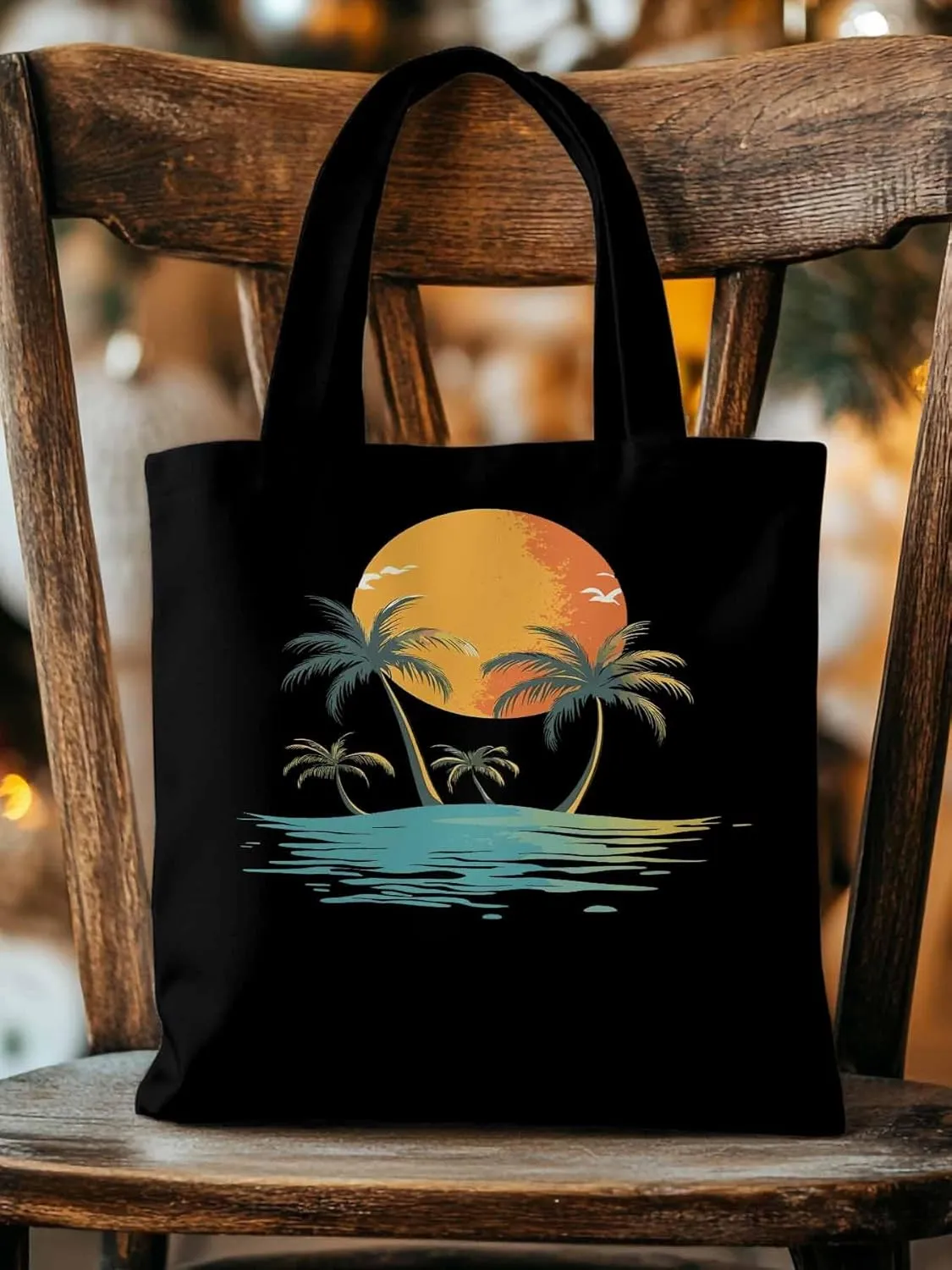 Canvas Tote Bag, Ocean Coconut Tree Orange Sun Beach patterned Canvas Tote Handbags for Women Shoulder Bag,