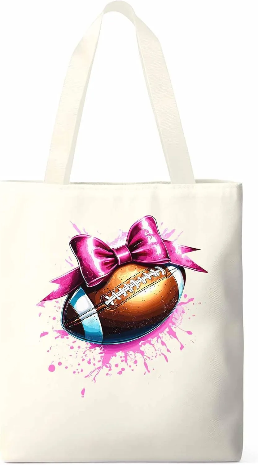 Canvas Tote Bag, Pink Splashing Football Bow Aesthetic Canvas Tote Handbags for Women Shoulder Bag