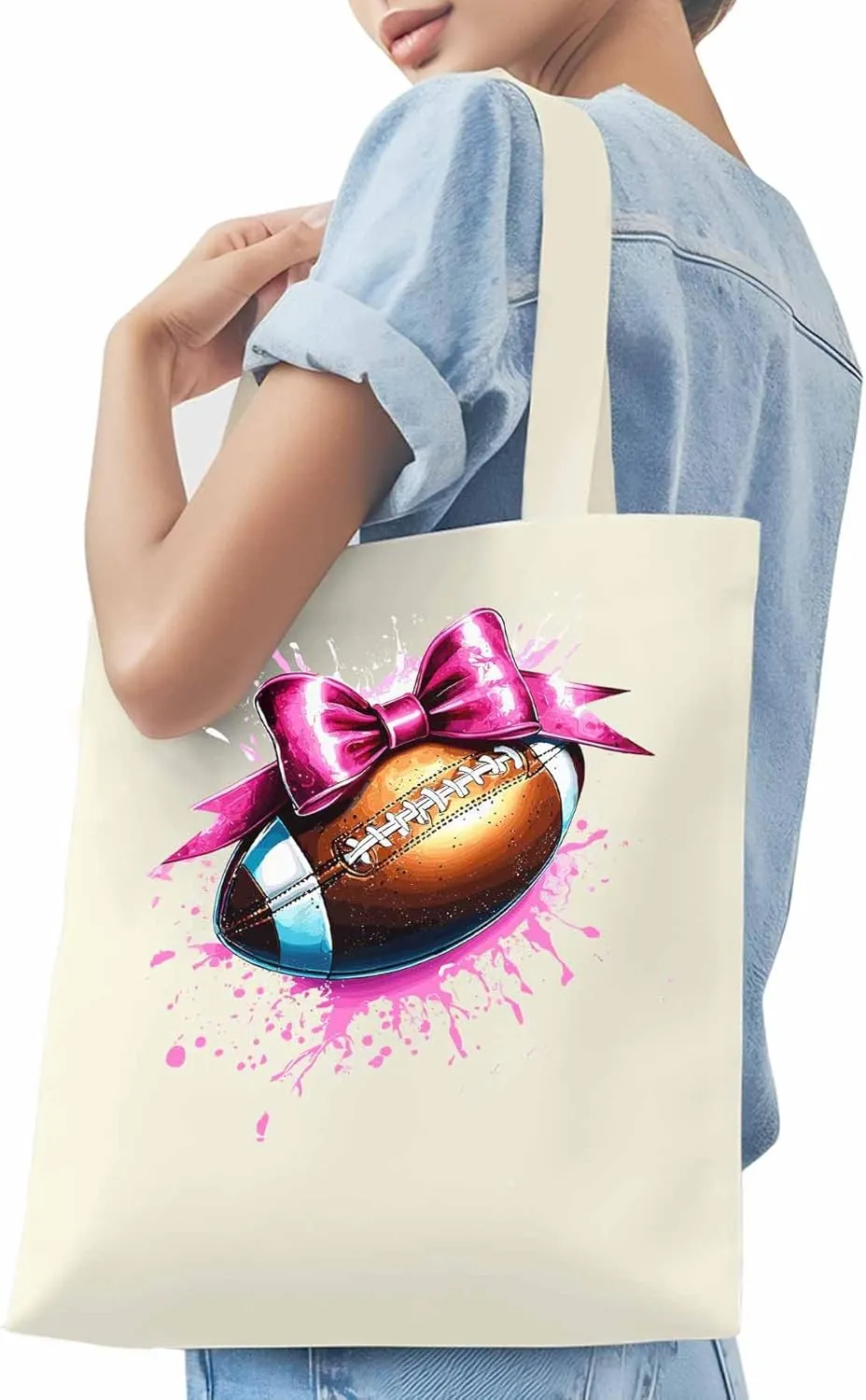Canvas Tote Bag, Pink Splashing Football Bow Aesthetic Canvas Tote Handbags for Women Shoulder Bag