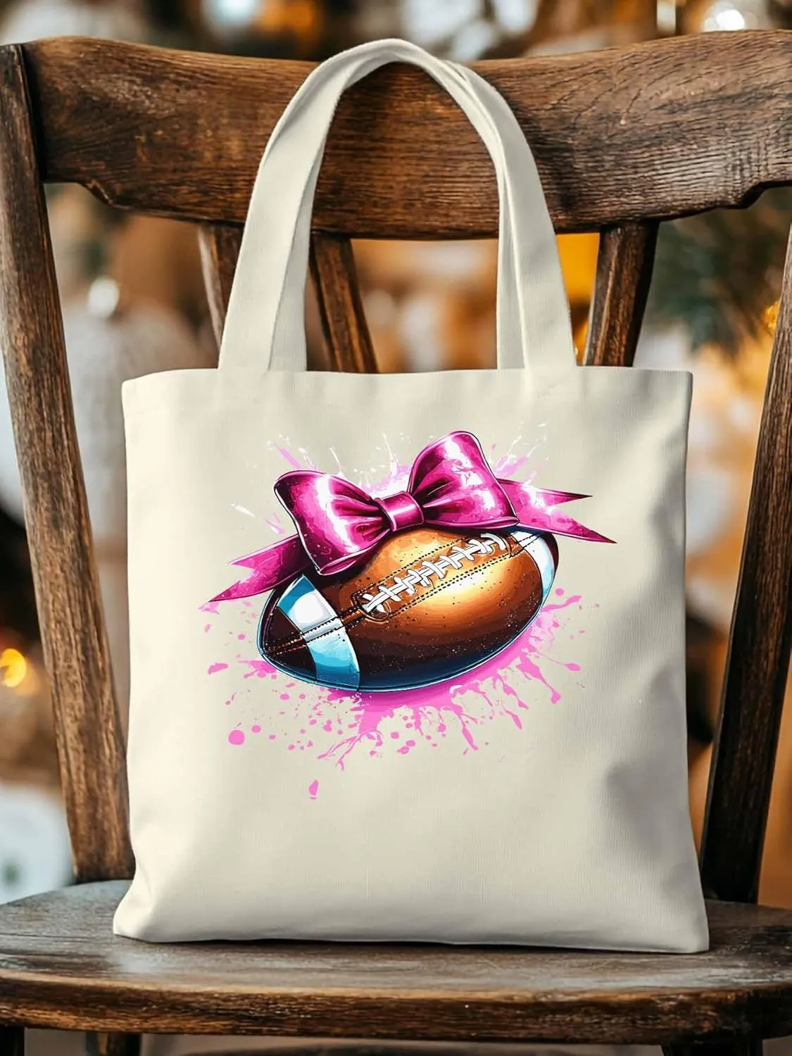 Canvas Tote Bag, Pink Splashing Football Bow Aesthetic Canvas Tote Handbags for Women Shoulder Bag