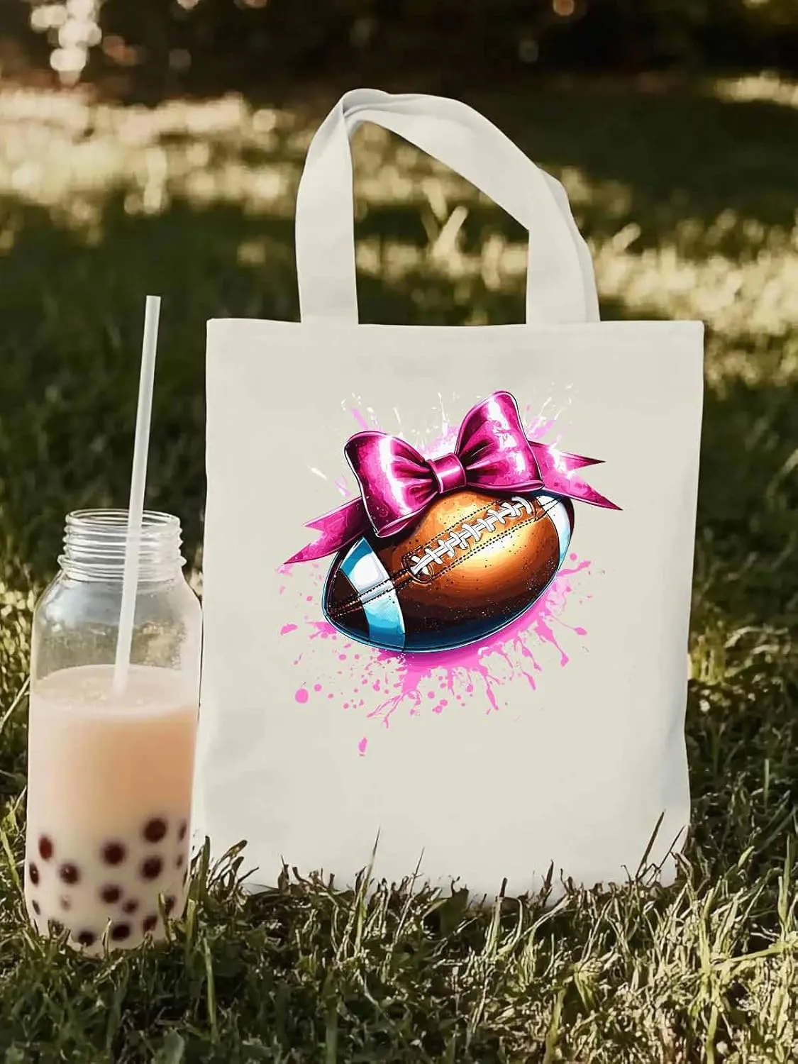 Canvas Tote Bag, Pink Splashing Football Bow Aesthetic Canvas Tote Handbags for Women Shoulder Bag