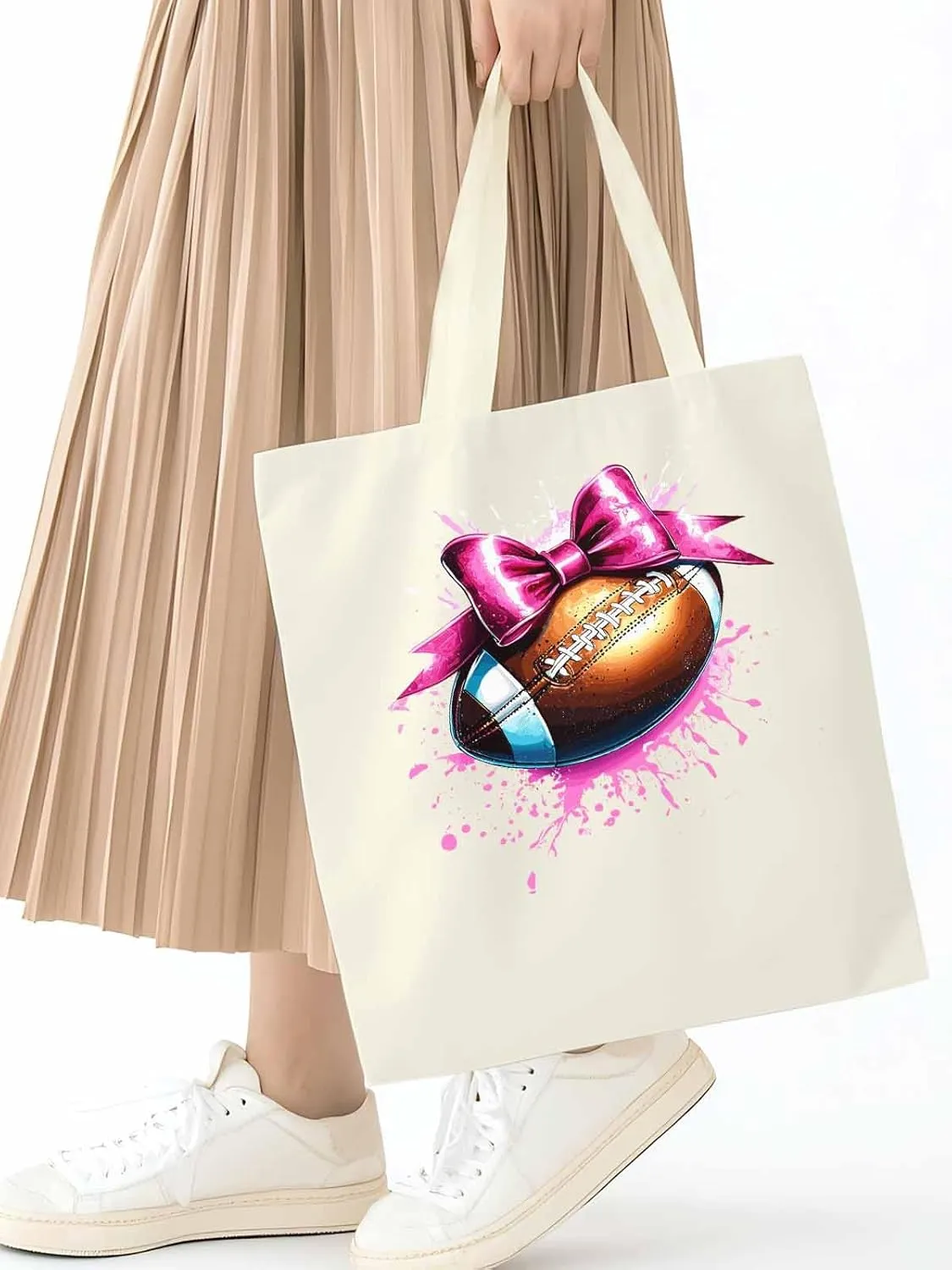 Canvas Tote Bag, Pink Splashing Football Bow Aesthetic Canvas Tote Handbags for Women Shoulder Bag