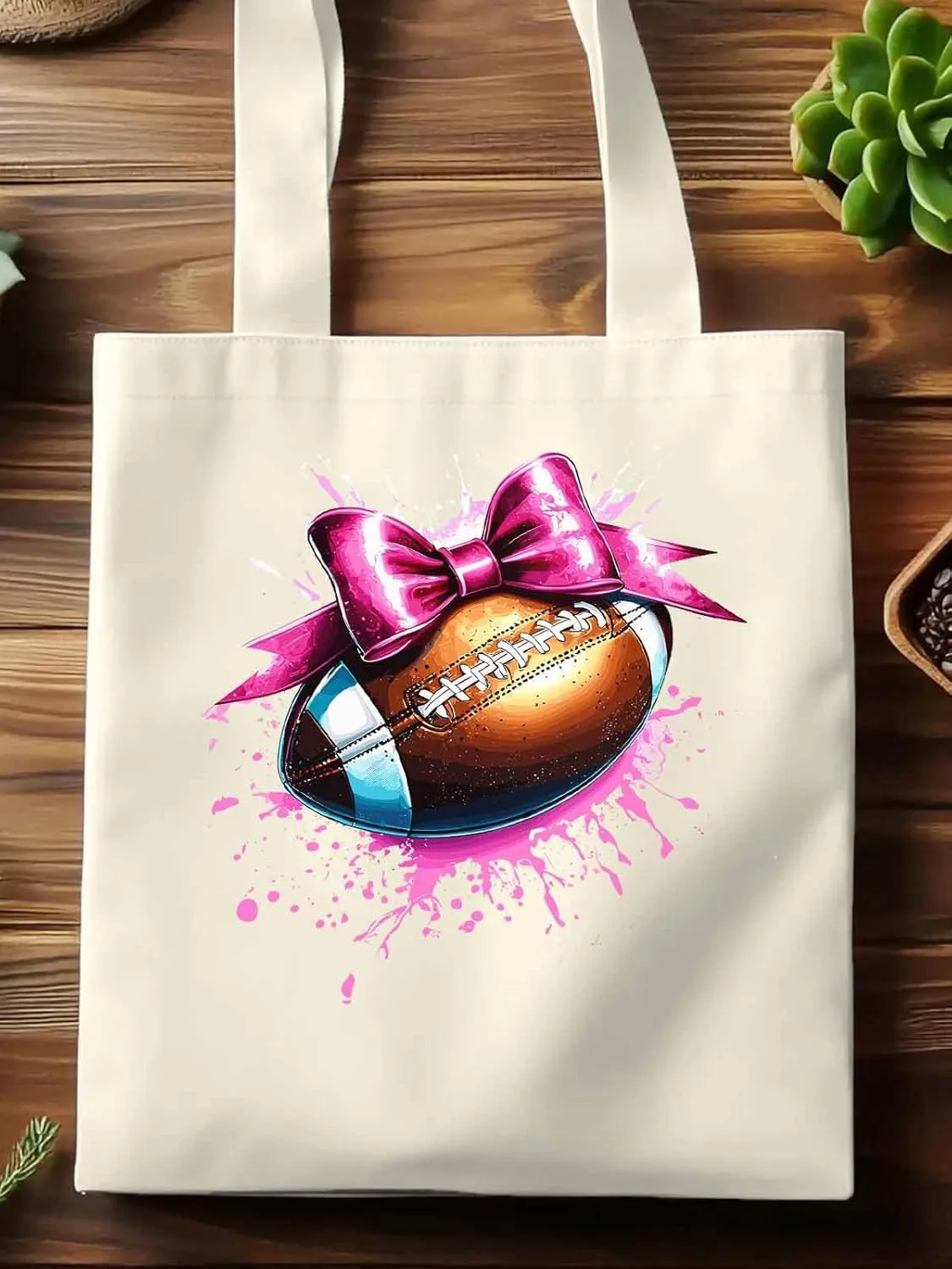 Canvas Tote Bag, Pink Splashing Football Bow Aesthetic Canvas Tote Handbags for Women Shoulder Bag
