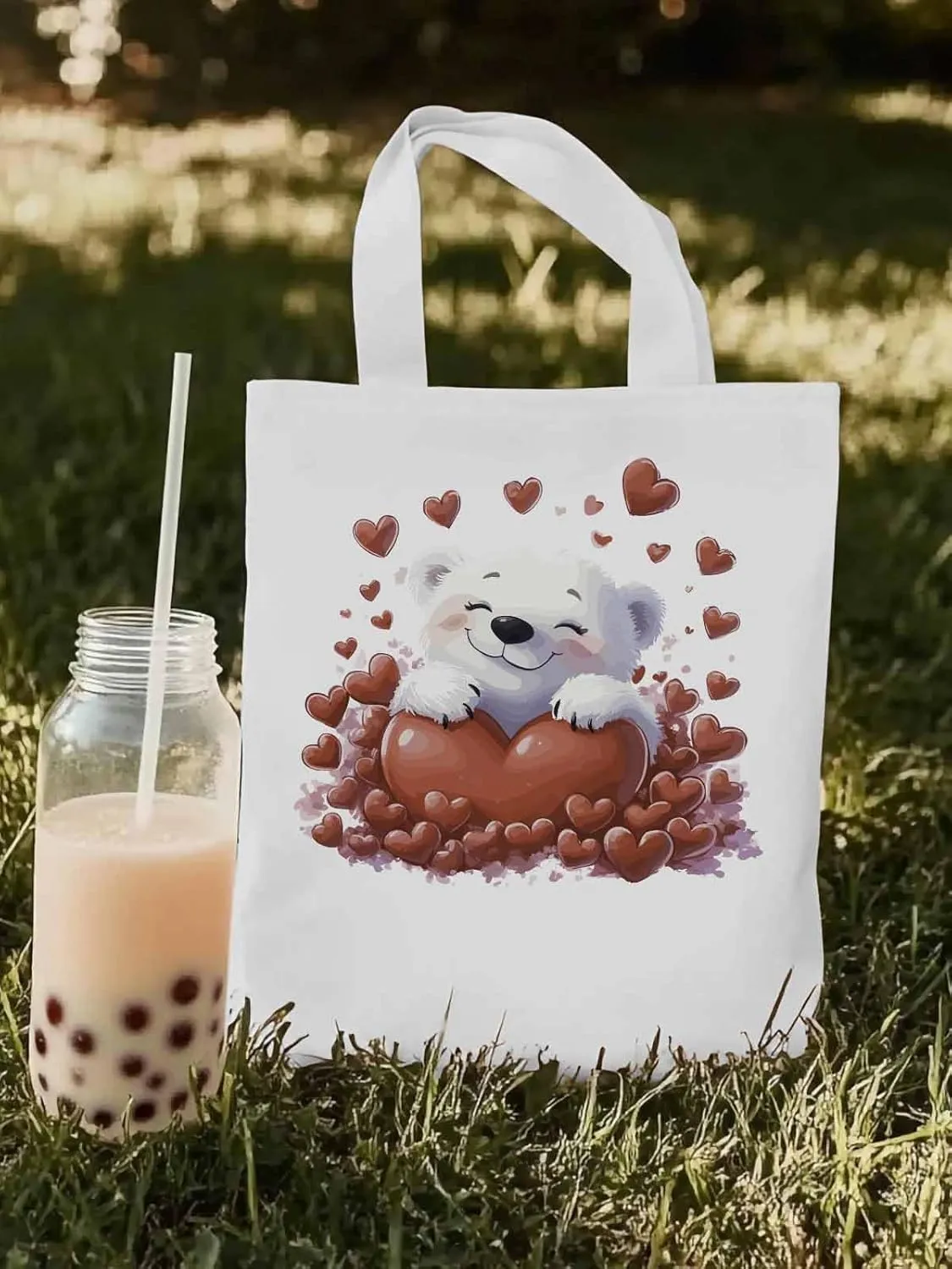 Canvas Tote Bag, Valentine's Day Aesthetic Canvas Tote Handbags for Women Shoulder Bag Cartoon Cute Animals