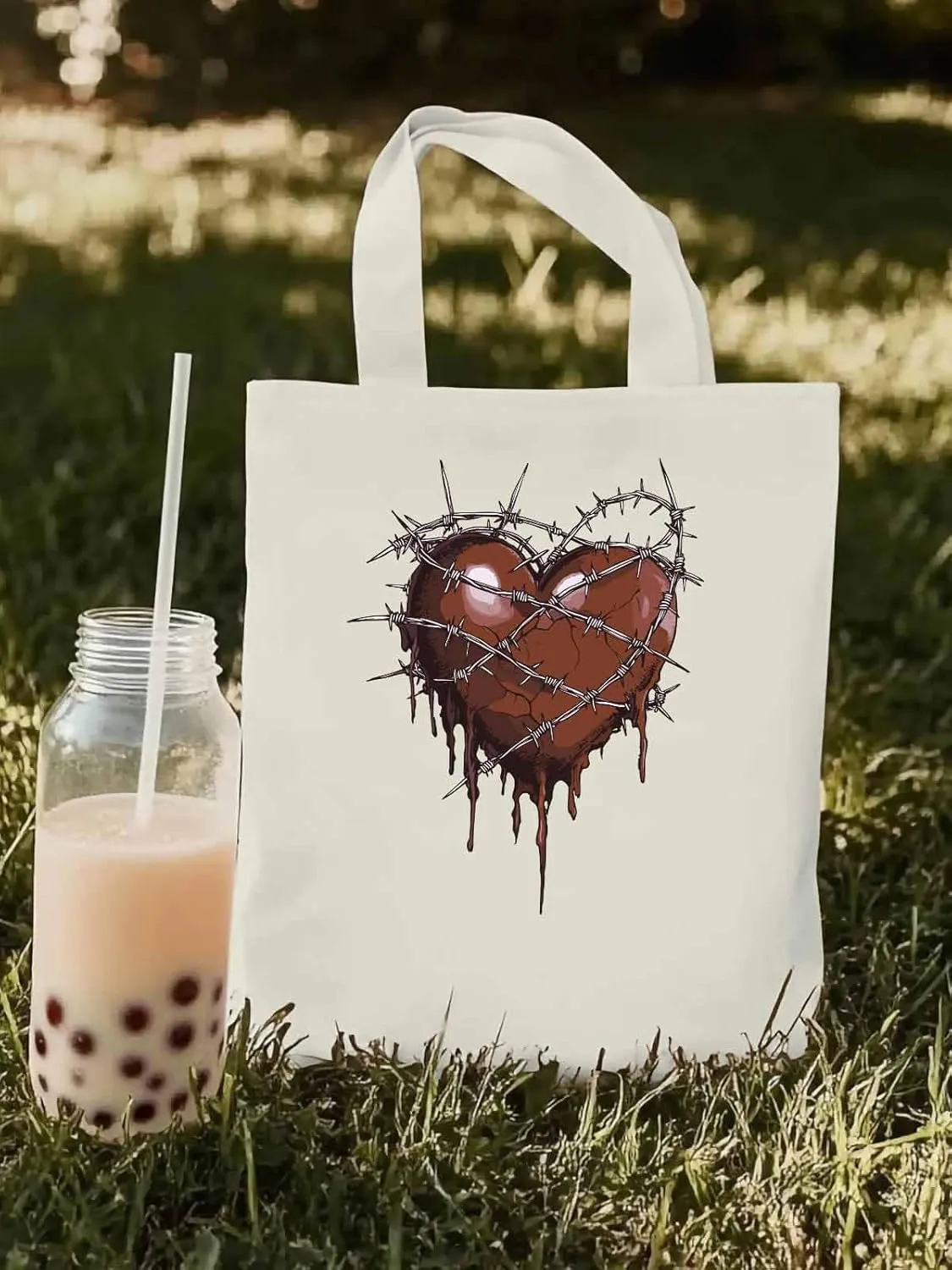 Canvas Tote Bag, Valentine's Day Aesthetic Canvas Tote Handbags for Women Shoulder Bag Thorns Love Heart