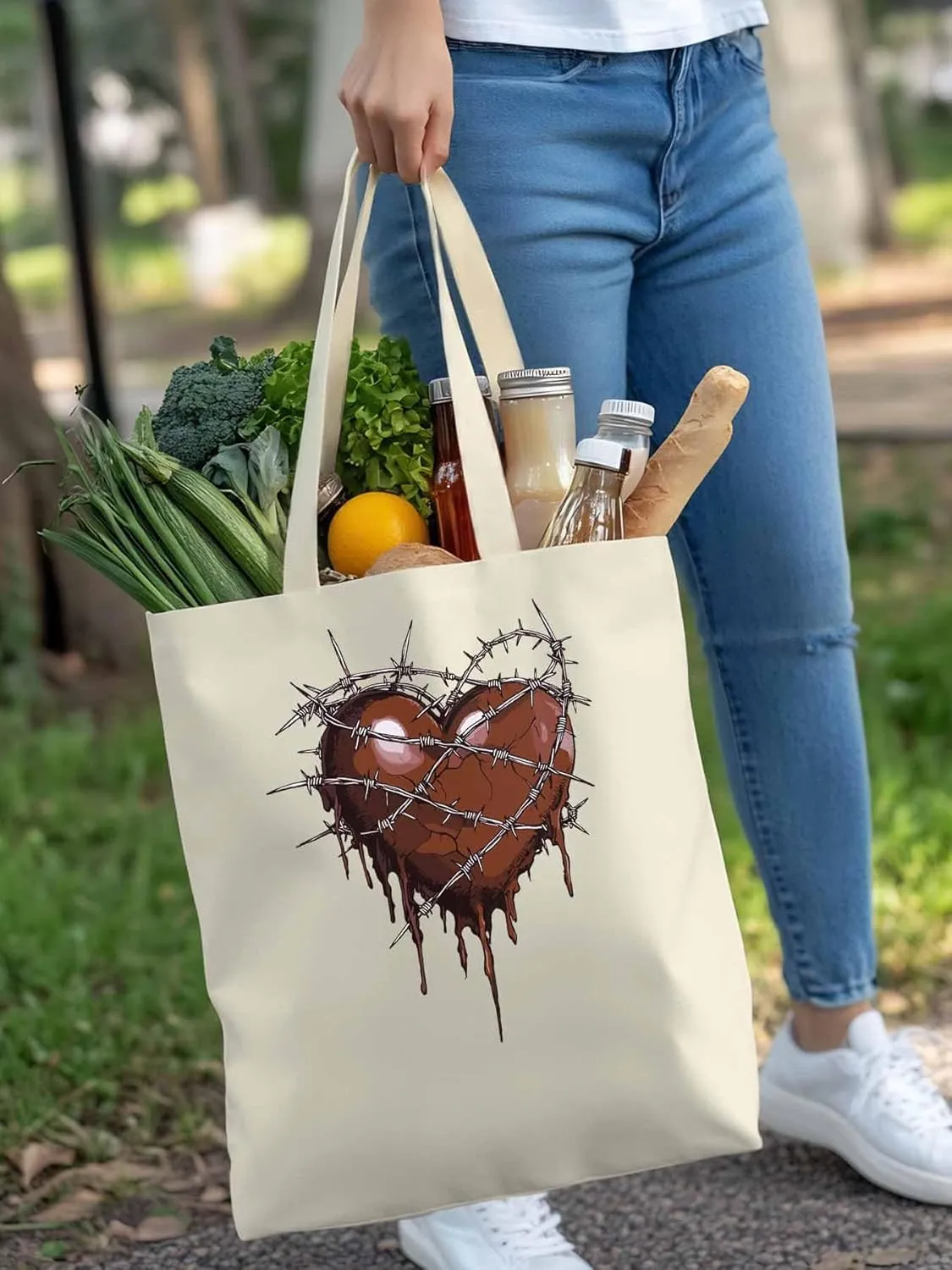 Canvas Tote Bag, Valentine's Day Aesthetic Canvas Tote Handbags for Women Shoulder Bag Thorns Love Heart
