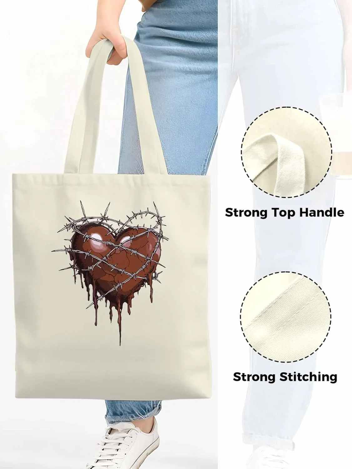 Canvas Tote Bag, Valentine's Day Aesthetic Canvas Tote Handbags for Women Shoulder Bag Thorns Love Heart