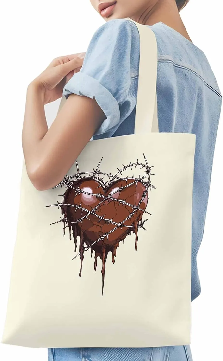 Canvas Tote Bag, Valentine's Day Aesthetic Canvas Tote Handbags for Women Shoulder Bag Thorns Love Heart