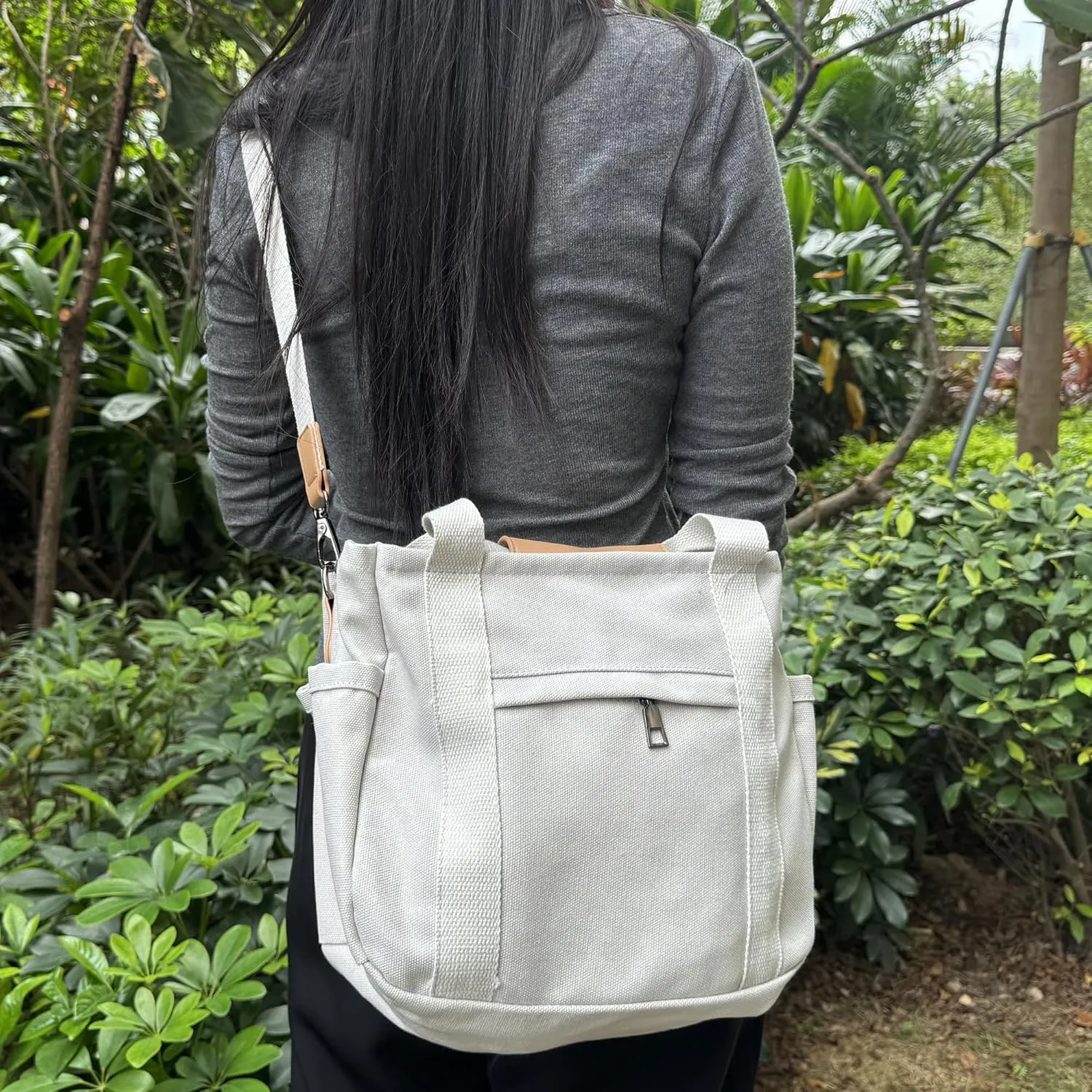 Canvas Tote Bag with Multiple Pockets for Women, Cute Crossbody Shoulder Bag Casual Hobo Messenger Purse Handbag