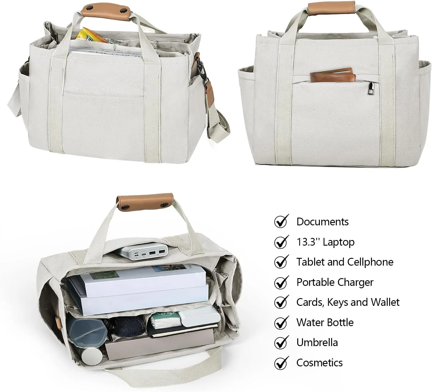 Canvas Tote Bag with Multiple Pockets for Women, Cute Crossbody Shoulder Bag Casual Hobo Messenger Purse Handbag