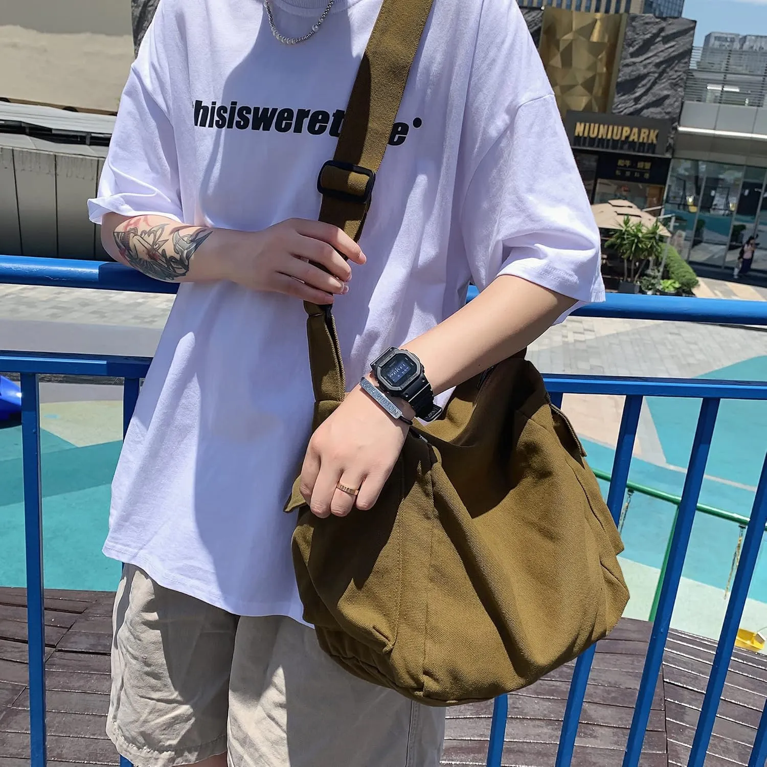 Canvas Tote Hobo Crossbody Messenger Bag with Multiple Pockets - Casual Shoulder Bag for Women & Men