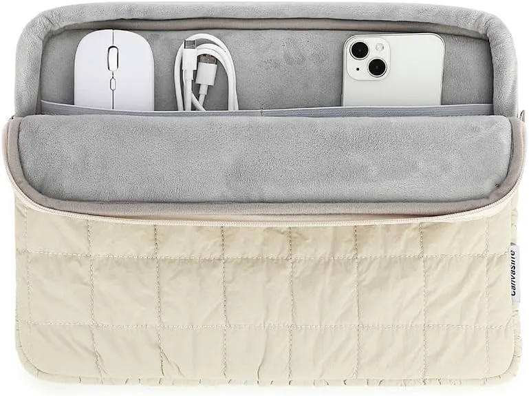 canvaslife360 Protective Puffy Laptop Sleeve Case Bag with Muti-Pockets Compatible with 15 inch 15.6 inch HP Lenovo Dell ASUS Acer Laptop Computer, Quilted Puffer Soft Laptop Case Bag (Beige)