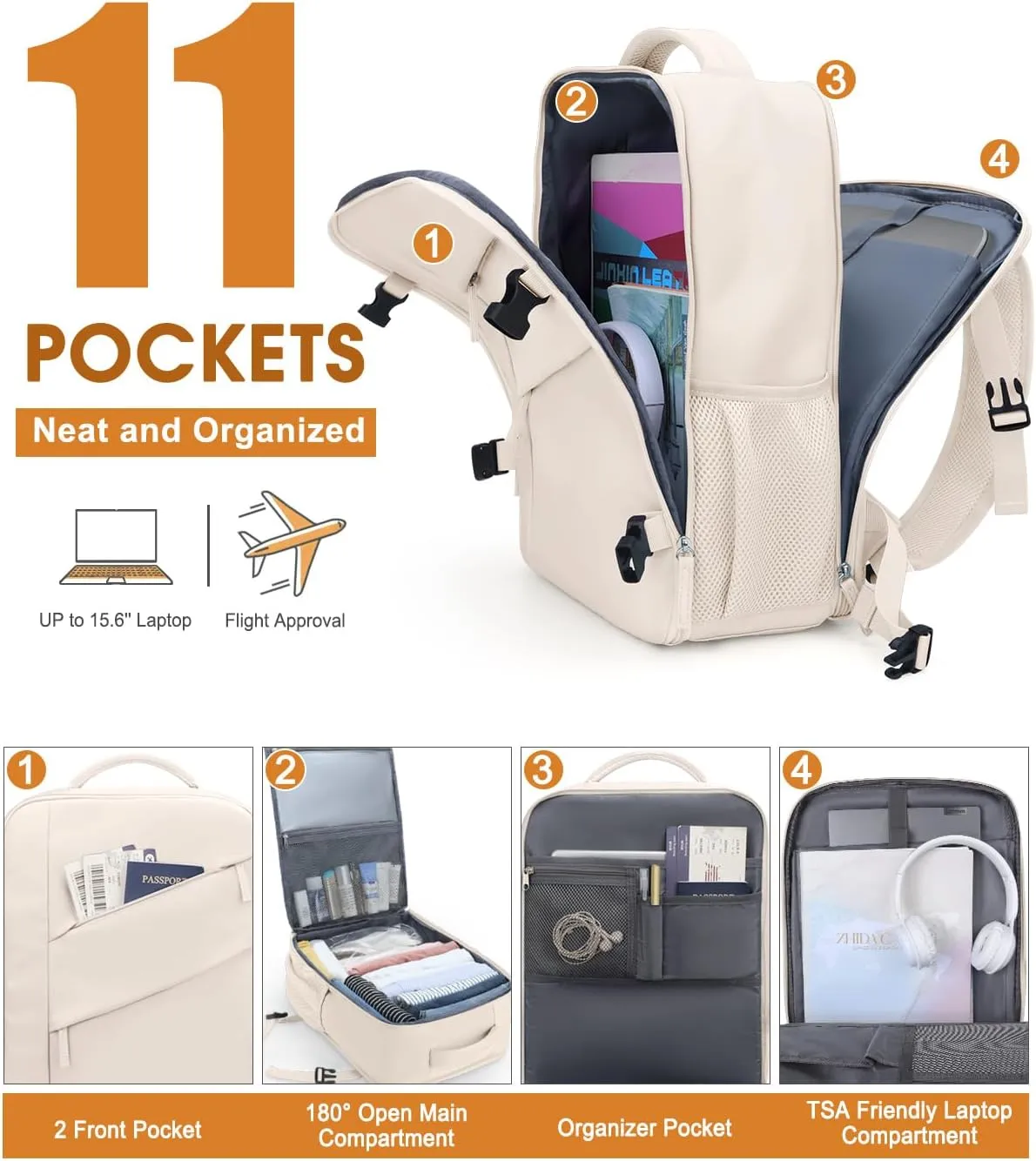 Capolo Travel Backpack for Women Men Waterproof Laptop Backpack Flight Approved Carry On Backpack Overnight Weekender Bag College Bookbag for Business, Work, Traveling Fits 15.6 '' Laptop,Beige