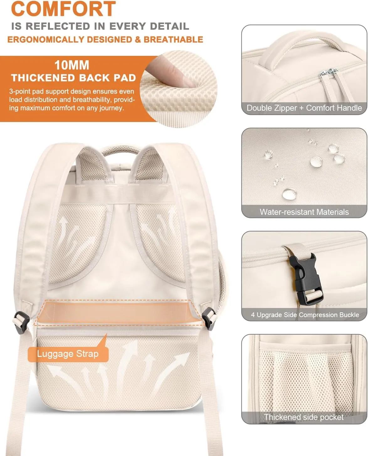 Capolo Travel Backpack for Women Men Waterproof Laptop Backpack Flight Approved Carry On Backpack Overnight Weekender Bag College Bookbag for Business, Work, Traveling Fits 15.6 '' Laptop,Beige