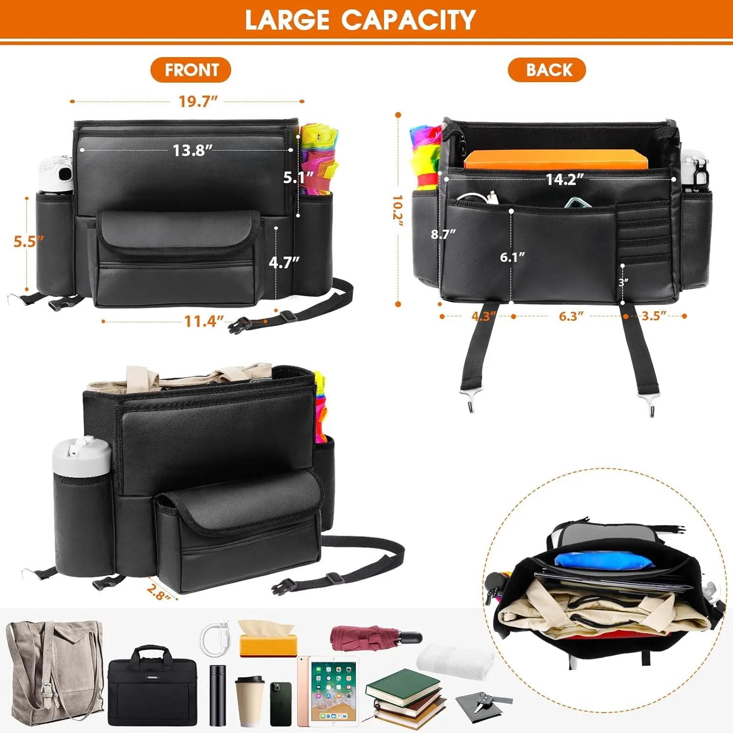 Car Purse Holder Between Seats, Car Seat Purse Handbag Holder, Automotive Consoles Organizers Storage Barrier Car Interior Accessories, Leather Large Capacity (Black)