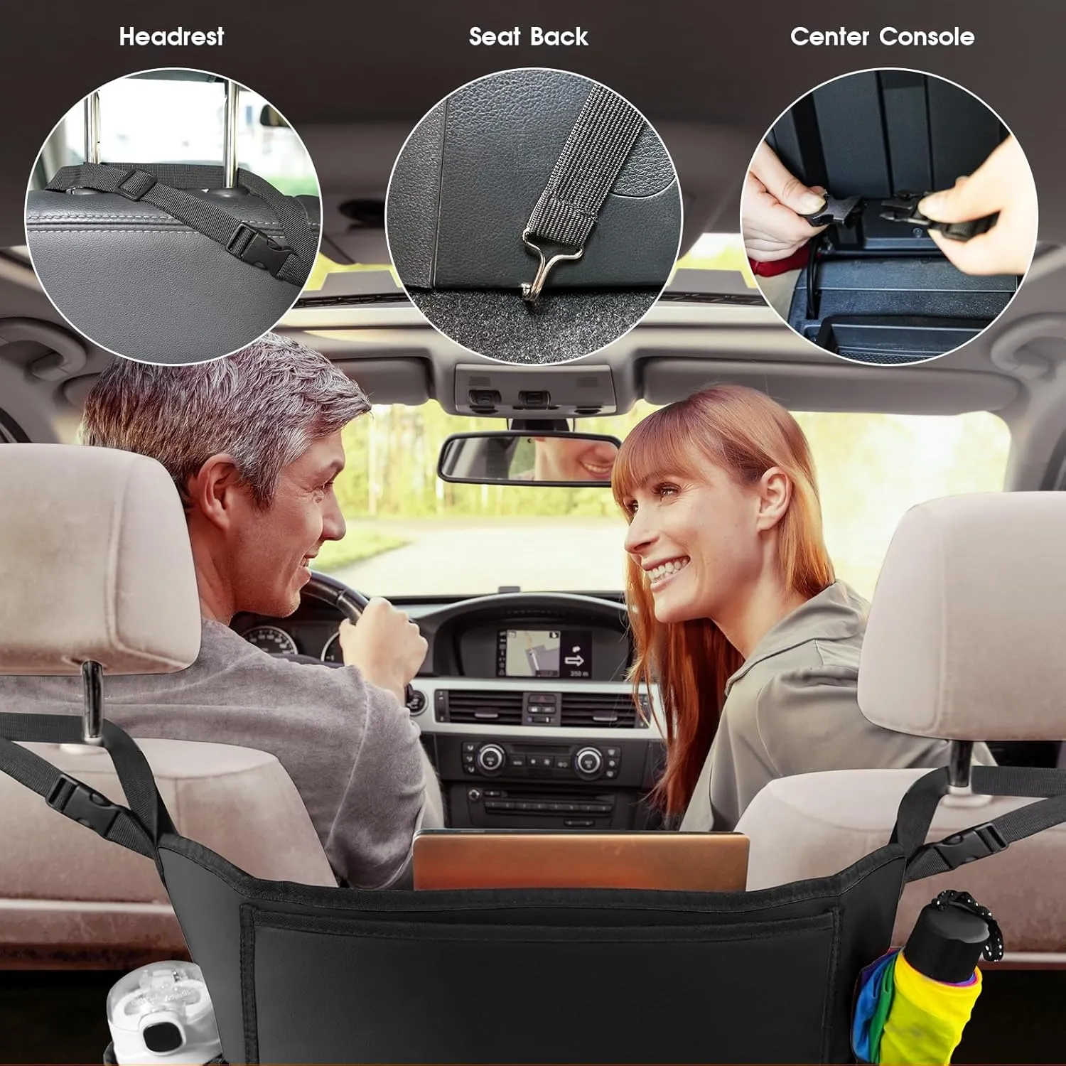 Car Purse Holder Between Seats, Car Seat Purse Handbag Holder, Automotive Consoles Organizers Storage Barrier Car Interior Accessories, Leather Large Capacity (Black)