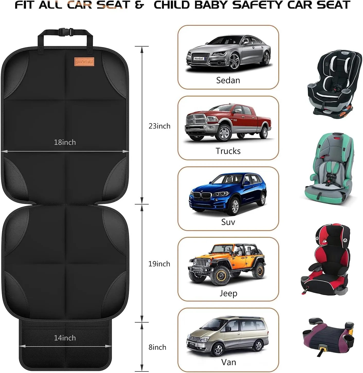 Car Seat Protector, 2Pack Seat Protector Protect Child Seats with Thickest Padding and Non-Slip Backing Mesh Pockets for Baby and Pet,Sedan SUV Truck (Black)