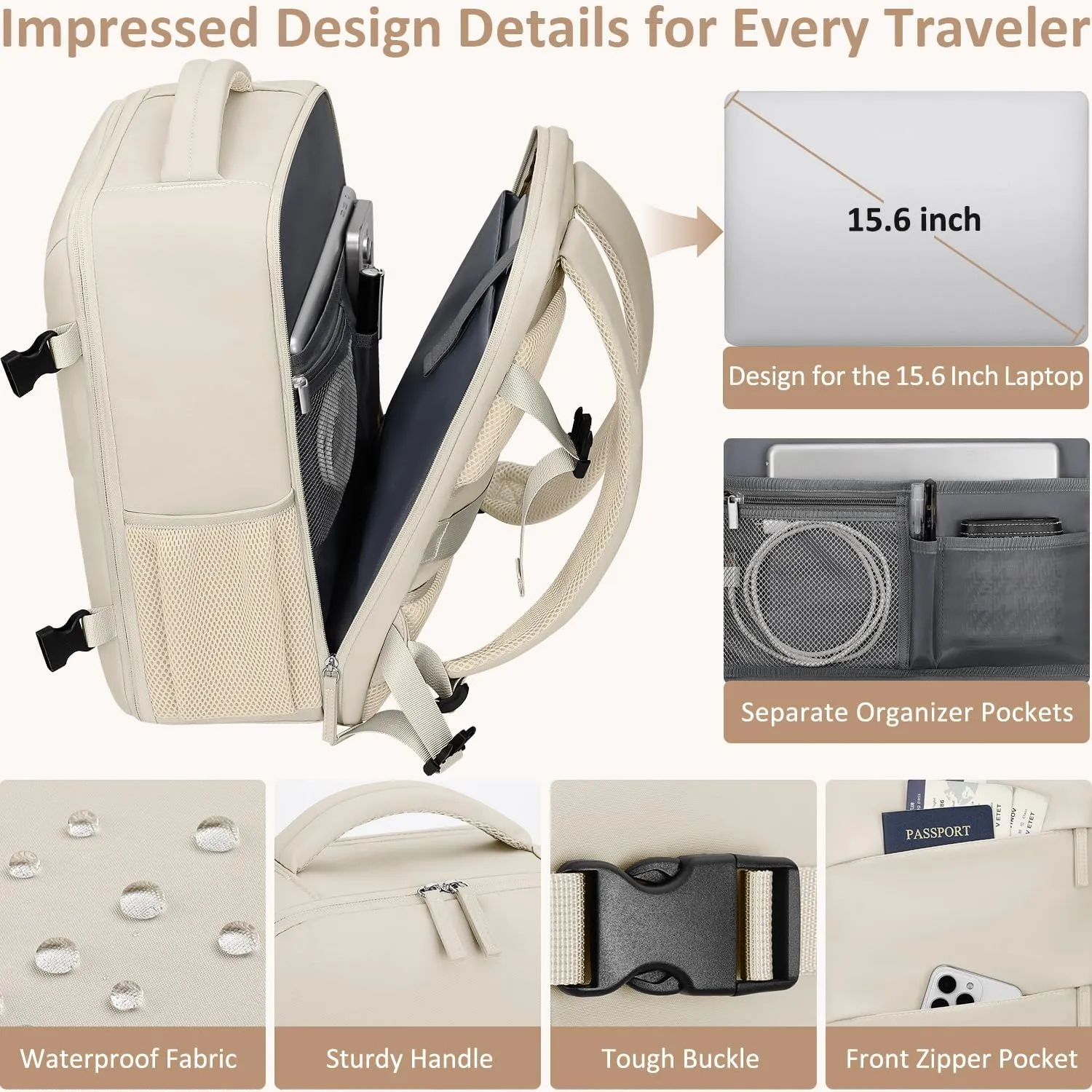Carry on Backpack for Women TSA Approved 15.6 Inch Travel Laptop Backpack for Women Travel Essentials Foldable Womens Travel Backpack Suitcase Beige