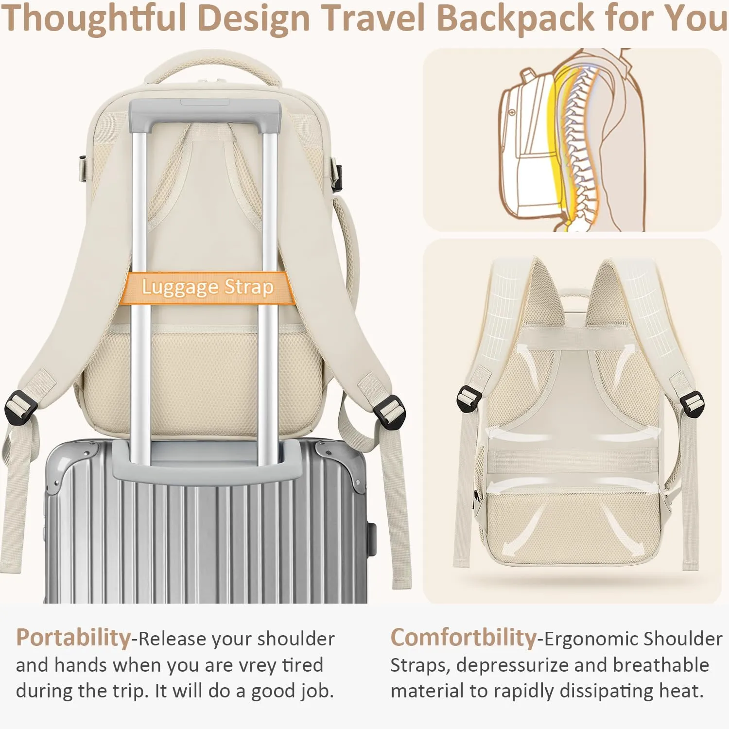 Carry on Backpack for Women TSA Approved 15.6 Inch Travel Laptop Backpack for Women Travel Essentials Foldable Womens Travel Backpack Suitcase Beige