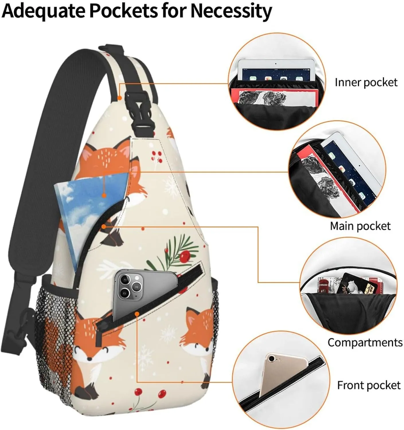 Cartoon Fox Cherry Sling Bag Crossbody Bag for Men Women, Daypack Chest Backpack Shoulder Bag for Travle Hiking