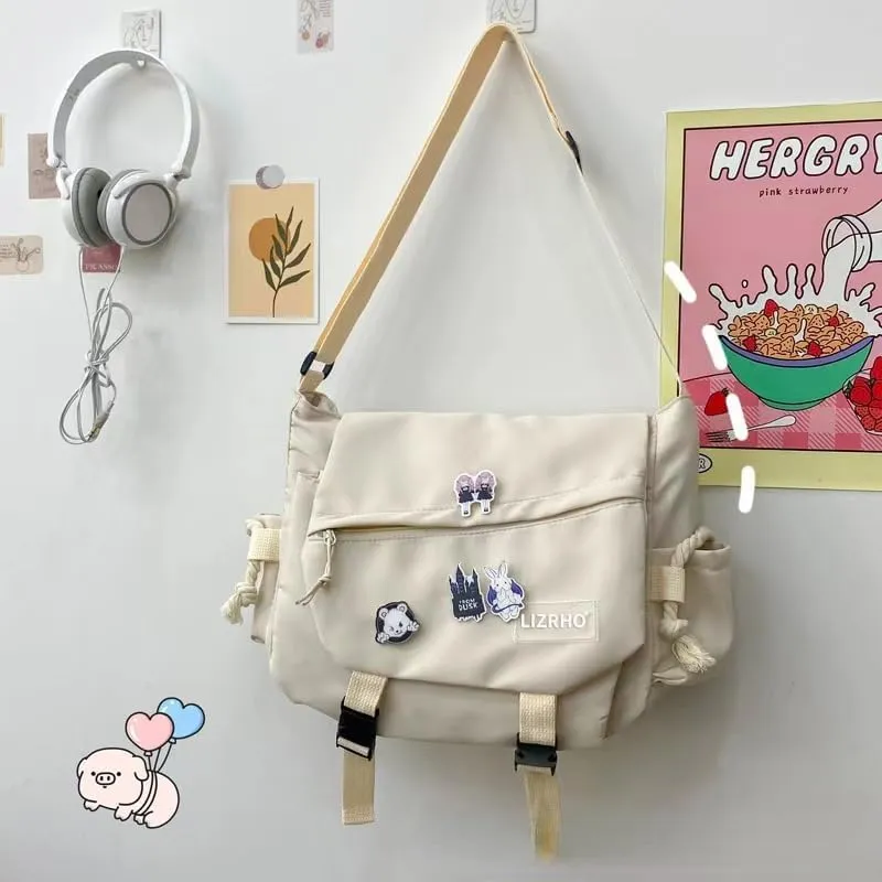 Casual Nylon Crossbody Bag Large Capacity Messenger Bag Japanese Y2K Shoulder Bag Harajuku Tooling Wind Shoulder Bag (White Dinosaur pendant)