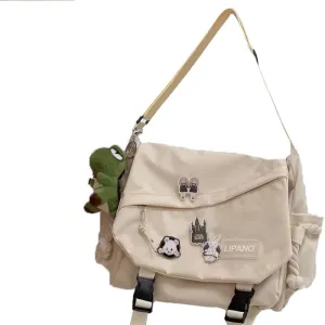 Casual Nylon Crossbody Bag Large Capacity Messenger Bag Japanese Y2K Shoulder Bag Harajuku Tooling Wind Shoulder Bag (White Dinosaur pendant)