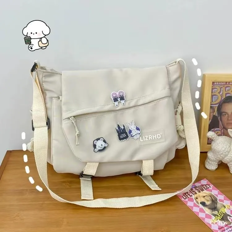 Casual Nylon Crossbody Bag Large Capacity Messenger Bag Japanese Y2K Shoulder Bag Harajuku Tooling Wind Shoulder Bag (White Dinosaur pendant)