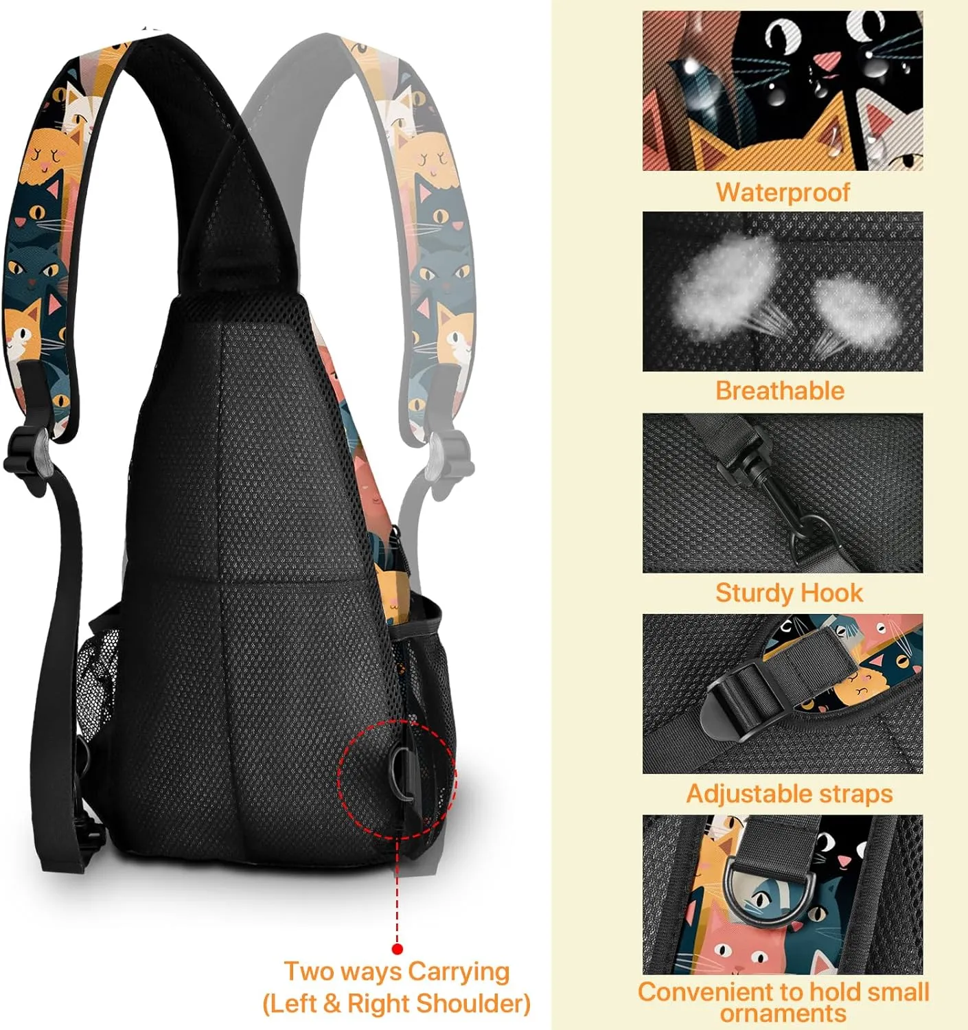 Cat Sling Bag travel Crossbody Backpack Casual Daypack for Women with Strap Lightweight Outdoor Hiking Climbing Runners
