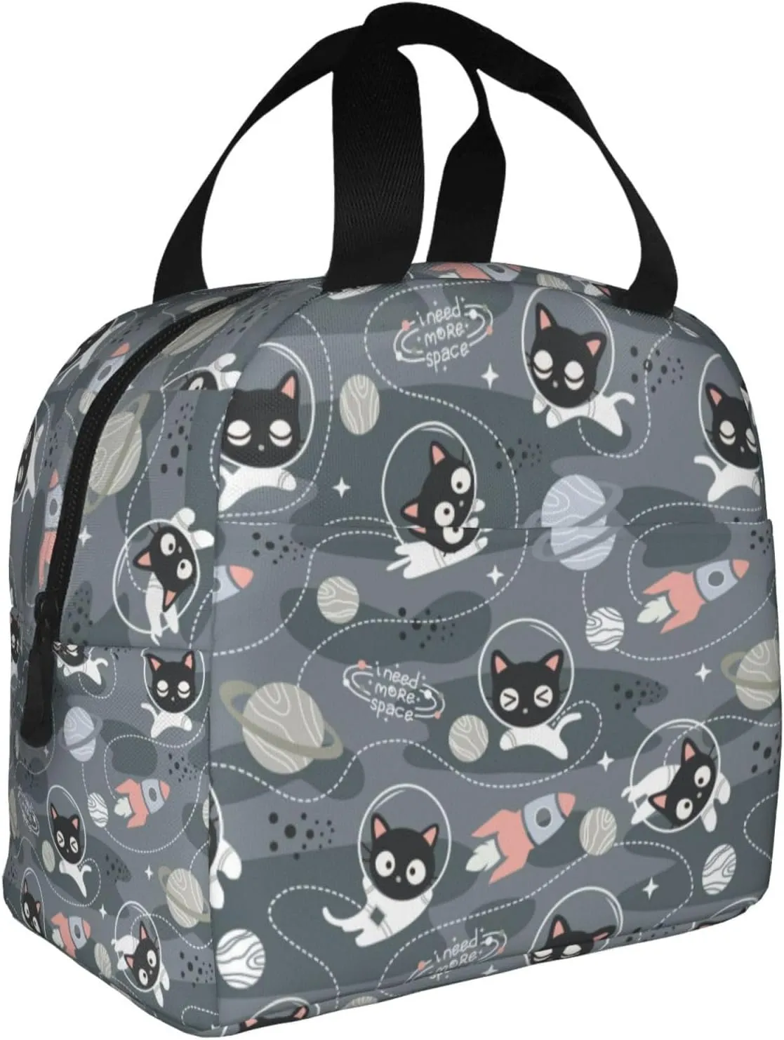 Cats Astronauts Print Fashion Cute Large Capacity Lunch Bag With Handle，Reusable Insulated Kitten Lunch Bag for Both Men And Women