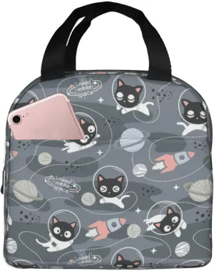 Cats Astronauts Print Fashion Cute Large Capacity Lunch Bag With Handle，Reusable Insulated Kitten Lunch Bag for Both Men And Women