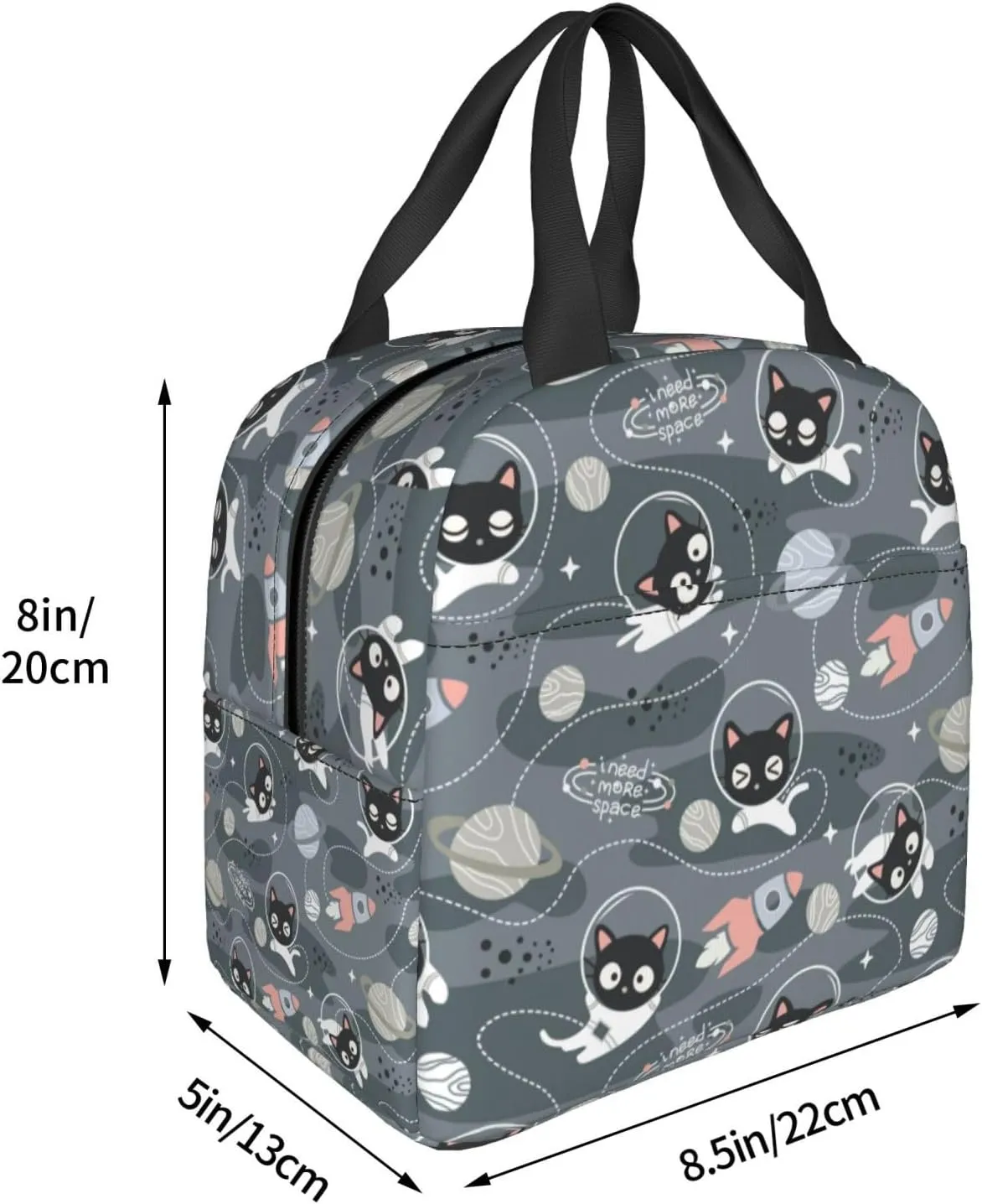 Cats Astronauts Print Fashion Cute Large Capacity Lunch Bag With Handle，Reusable Insulated Kitten Lunch Bag for Both Men And Women