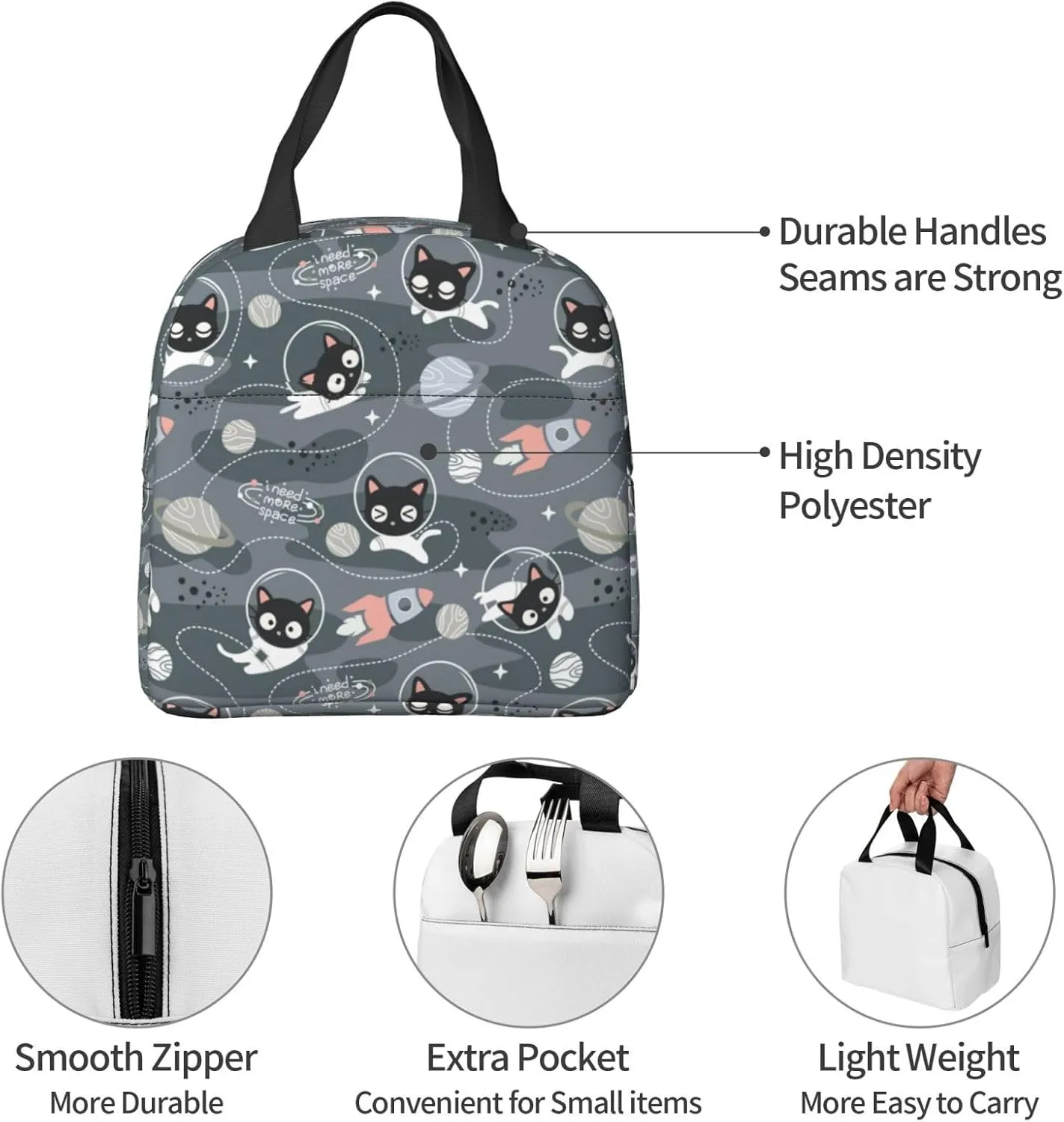 Cats Astronauts Print Fashion Cute Large Capacity Lunch Bag With Handle，Reusable Insulated Kitten Lunch Bag for Both Men And Women