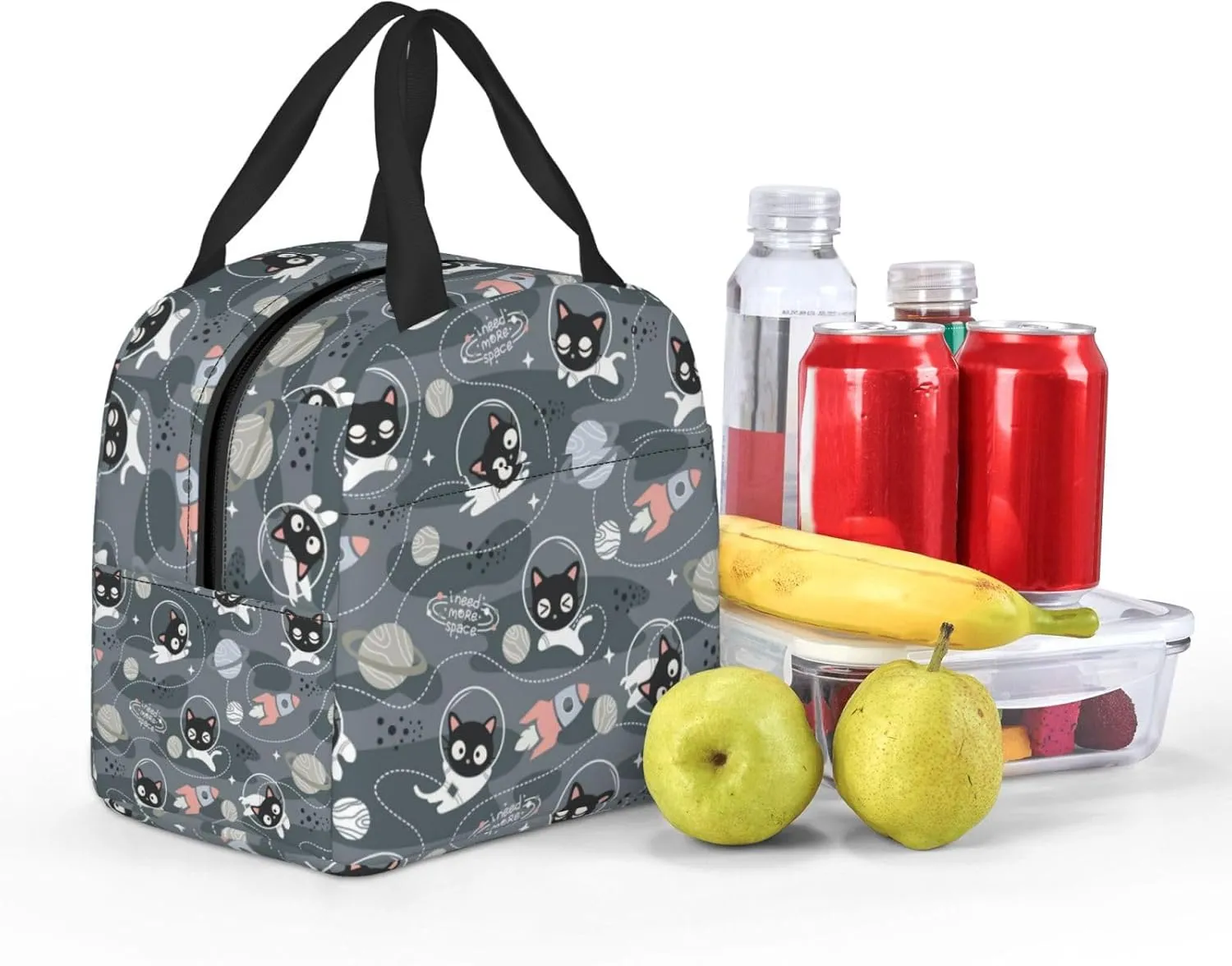 Cats Astronauts Print Fashion Cute Large Capacity Lunch Bag With Handle，Reusable Insulated Kitten Lunch Bag for Both Men And Women