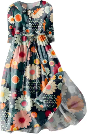 Ceboyel Women Bohemian Cotton Linen Dresses 3/4 Sleeve Maxi Long Dress Plain Classic Dresses Trendy Boho Dresses with Belt
