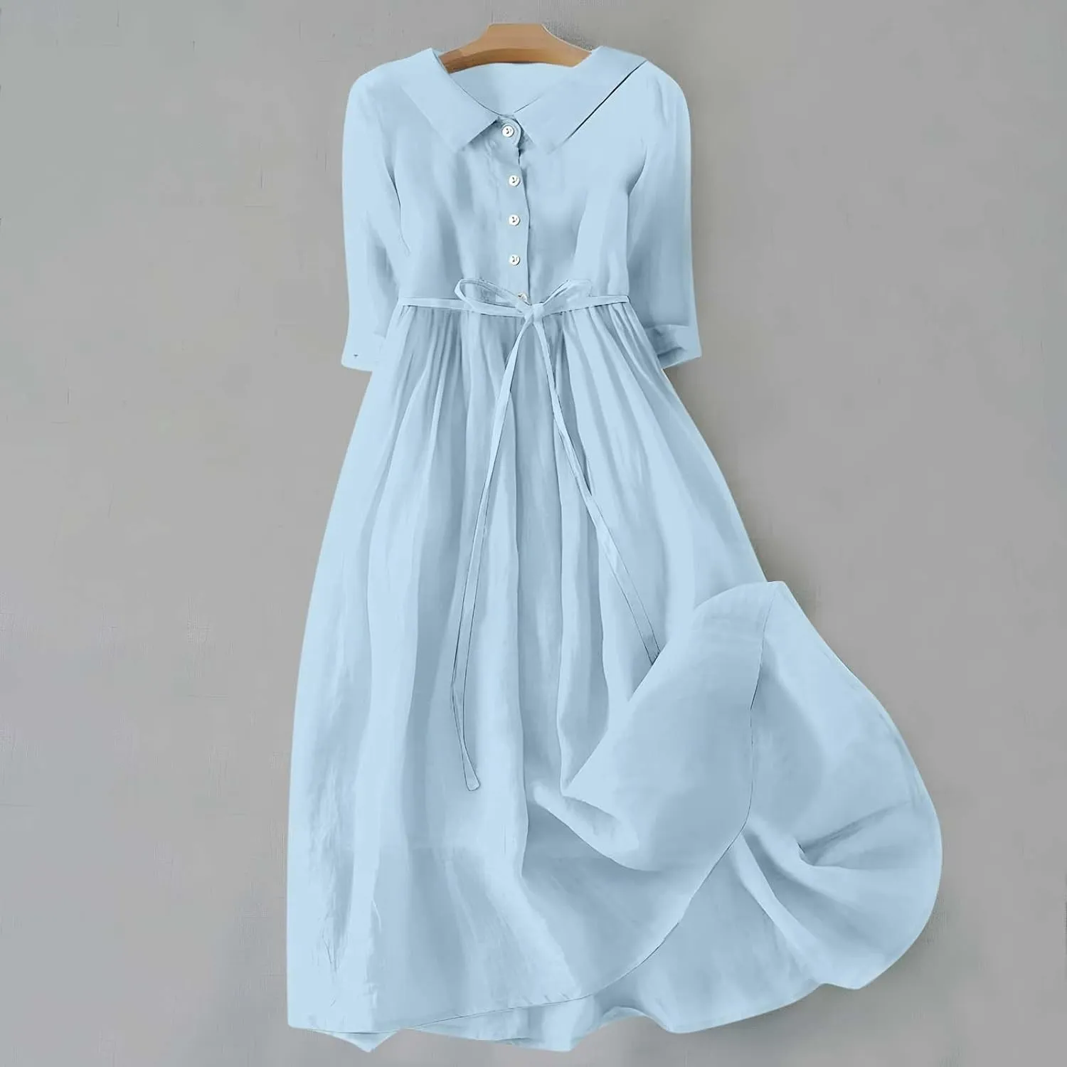 Ceboyel Women Bohemian Cotton Linen Dresses 3/4 Sleeve Maxi Long Dress Plain Classic Dresses Trendy Boho Dresses with Belt
