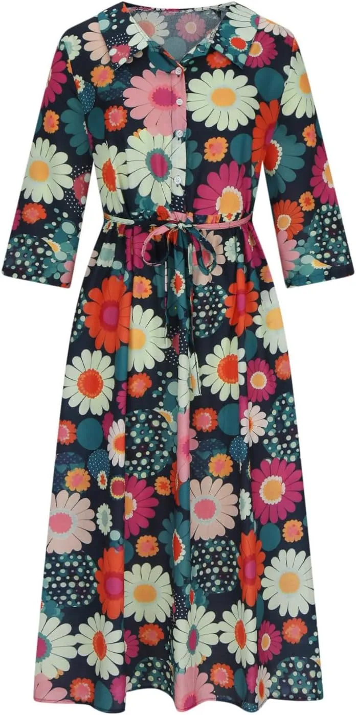 Ceboyel Women Bohemian Cotton Linen Dresses 3/4 Sleeve Maxi Long Dress Plain Classic Dresses Trendy Boho Dresses with Belt